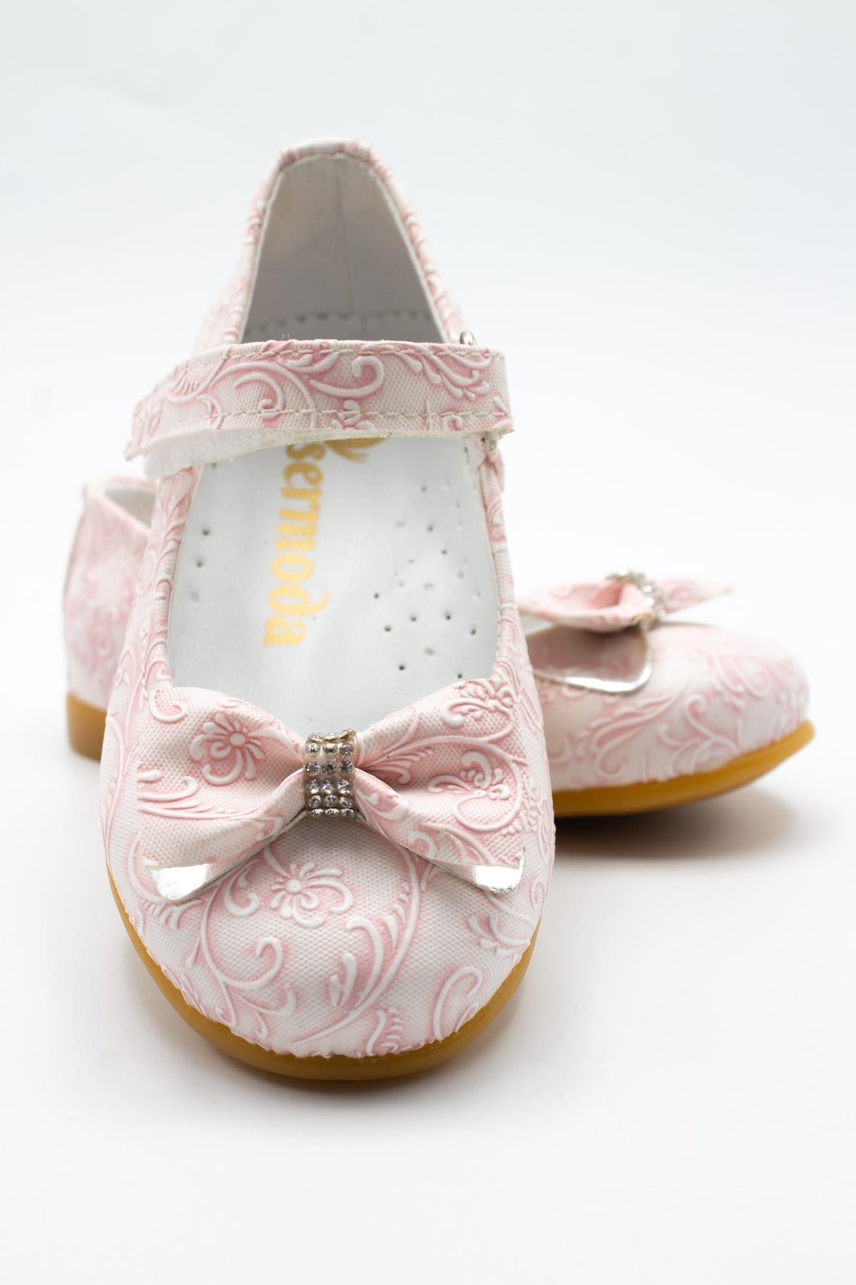 Sermoda Fiyonk Taş Detay Kendinden Desenli Bebek Babet Pembe