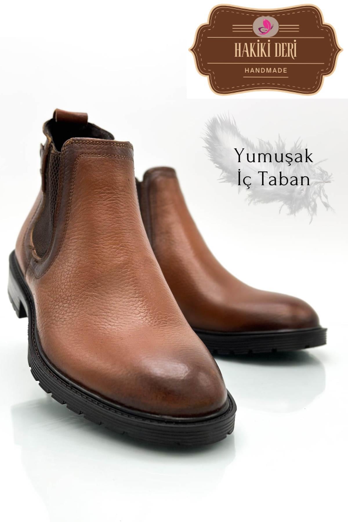 Sermoda Hakiki Deri İç Taban Pedli Kaymaz Taban Lastikli Deri Erkek Bot Şırıngıl Taba