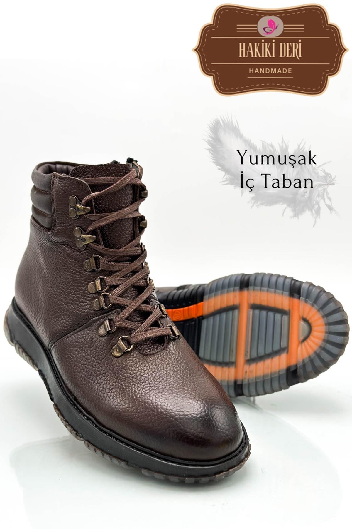 Sermoda Hakiki Deri İç Taban Pedli Kaymaz Şeffaf Taban Bağlı Fermuarlı Deri Erkek Bot Şırıngıl Kahve