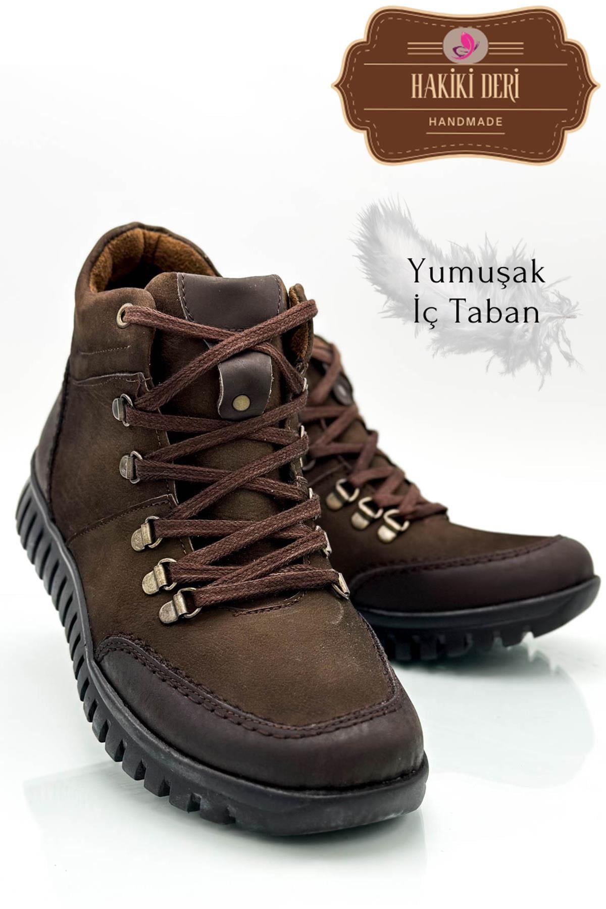 Sermoda Hakiki Deri İç Taban Pedli Kaymaz Şeffaf Taban Bağlı Deri Erkek Bot Kahve Nubuk