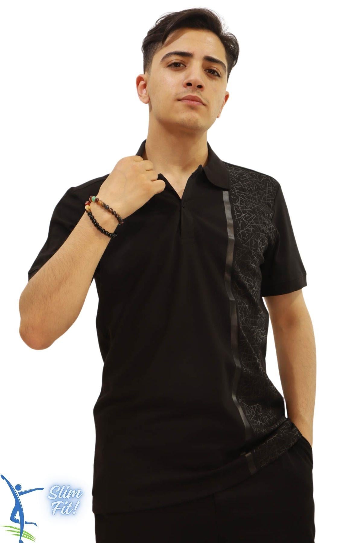 SERMODA , T-Shirt , Erkek Slim Fit Dar Kesim Pamuklu Yumuşak Doku Nefes Alan Kumaş Kıvrılmaz Yaka Haki Polo Yaka Tişört Siyah