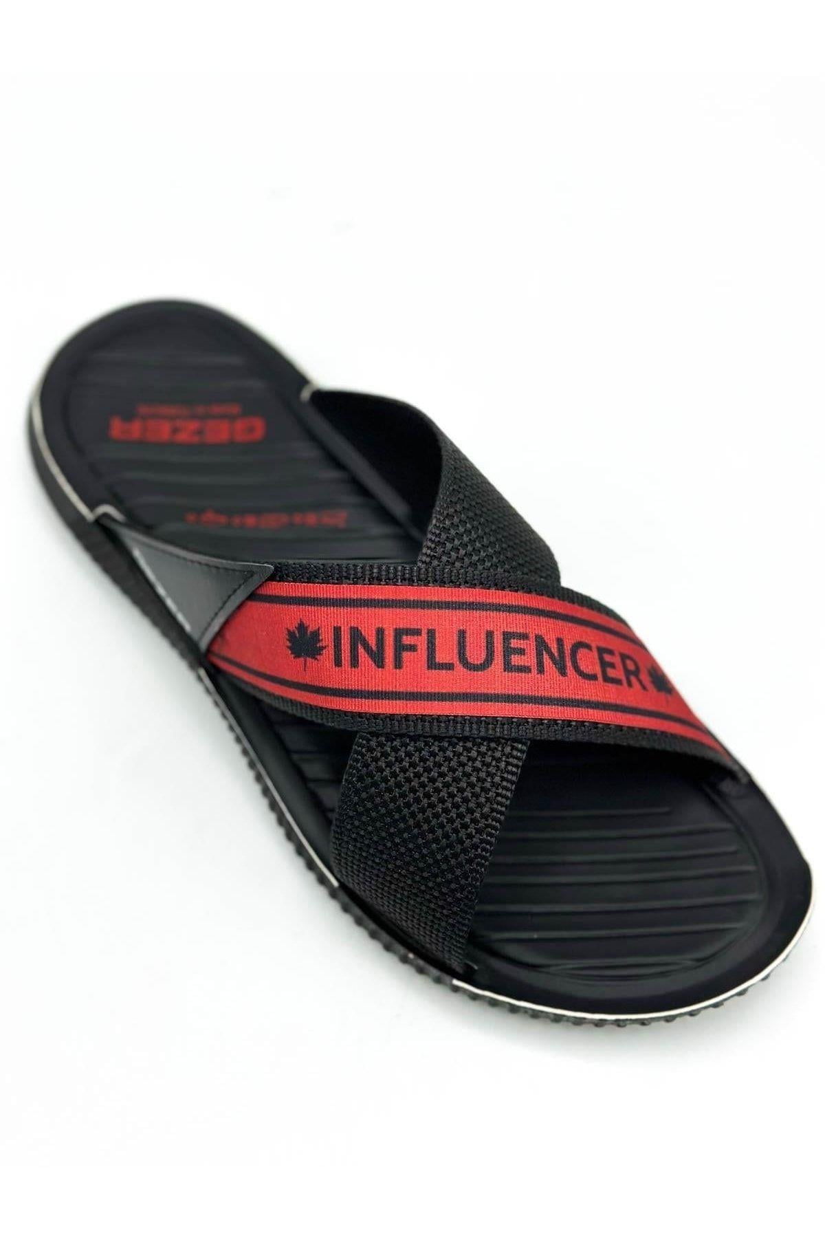 Gezer , Terlik , Influencer Erkek Terlik Çarpaz Halatlı Sport Toka Ev Terliği Günlük Terlik 12412 Siyah Kırmızı