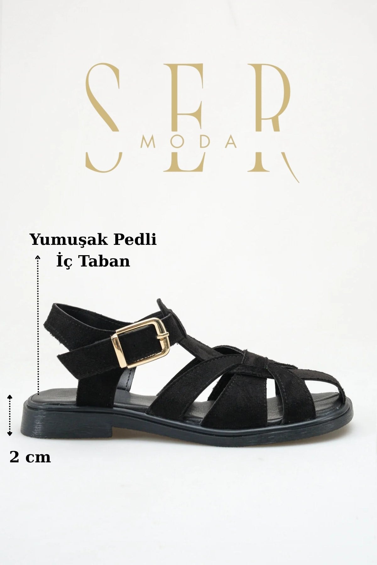 SERMODA , Sandalet , Kadın Kapalı Sandalet - Kapalı Burun Tokalı Düz Taban Kadın Sandalet Süet Siyah