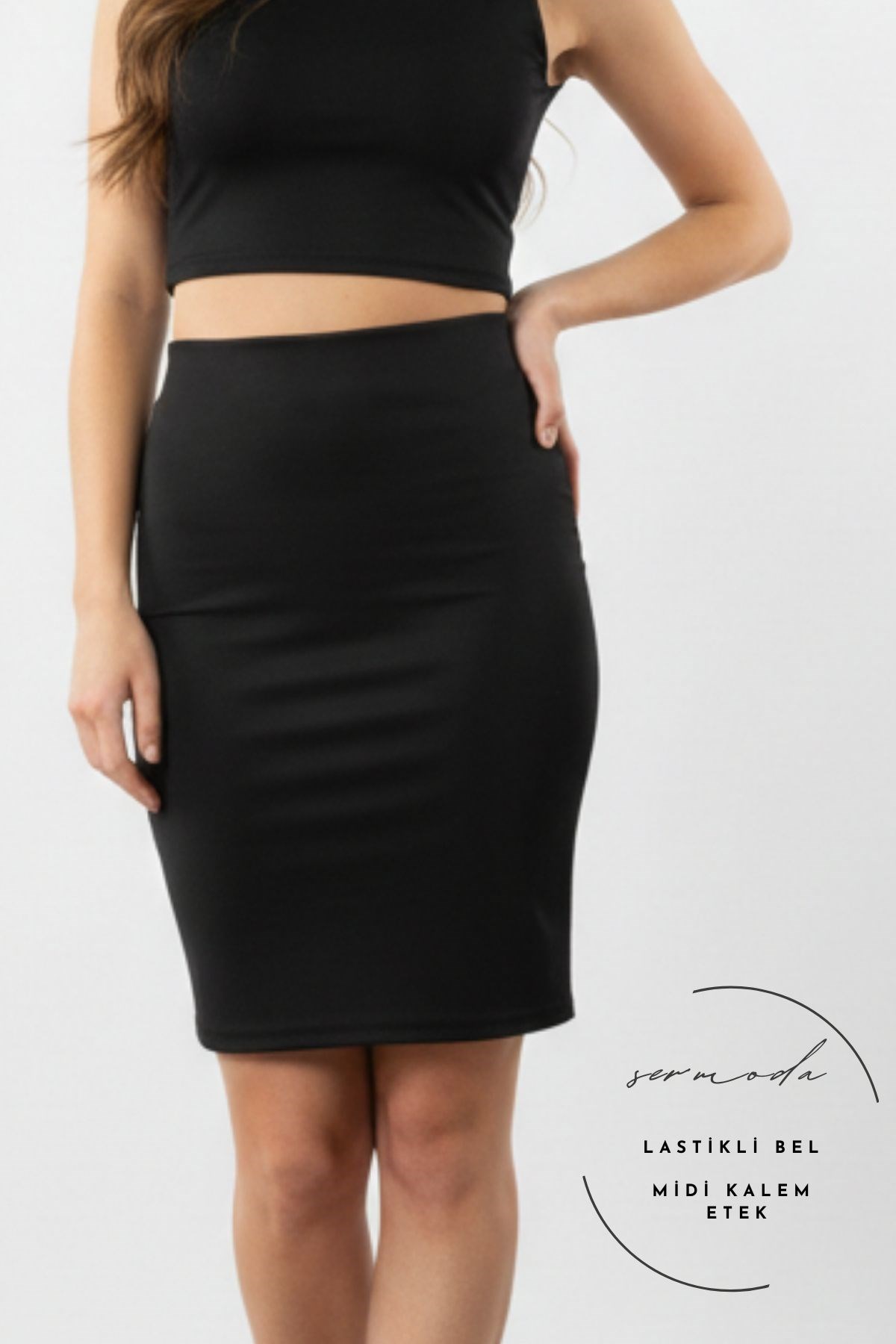 SERMODA , Etek , Kalem Etek - Bel Lastikli Slim Fit Midi Kalem Etek KS Siyah
