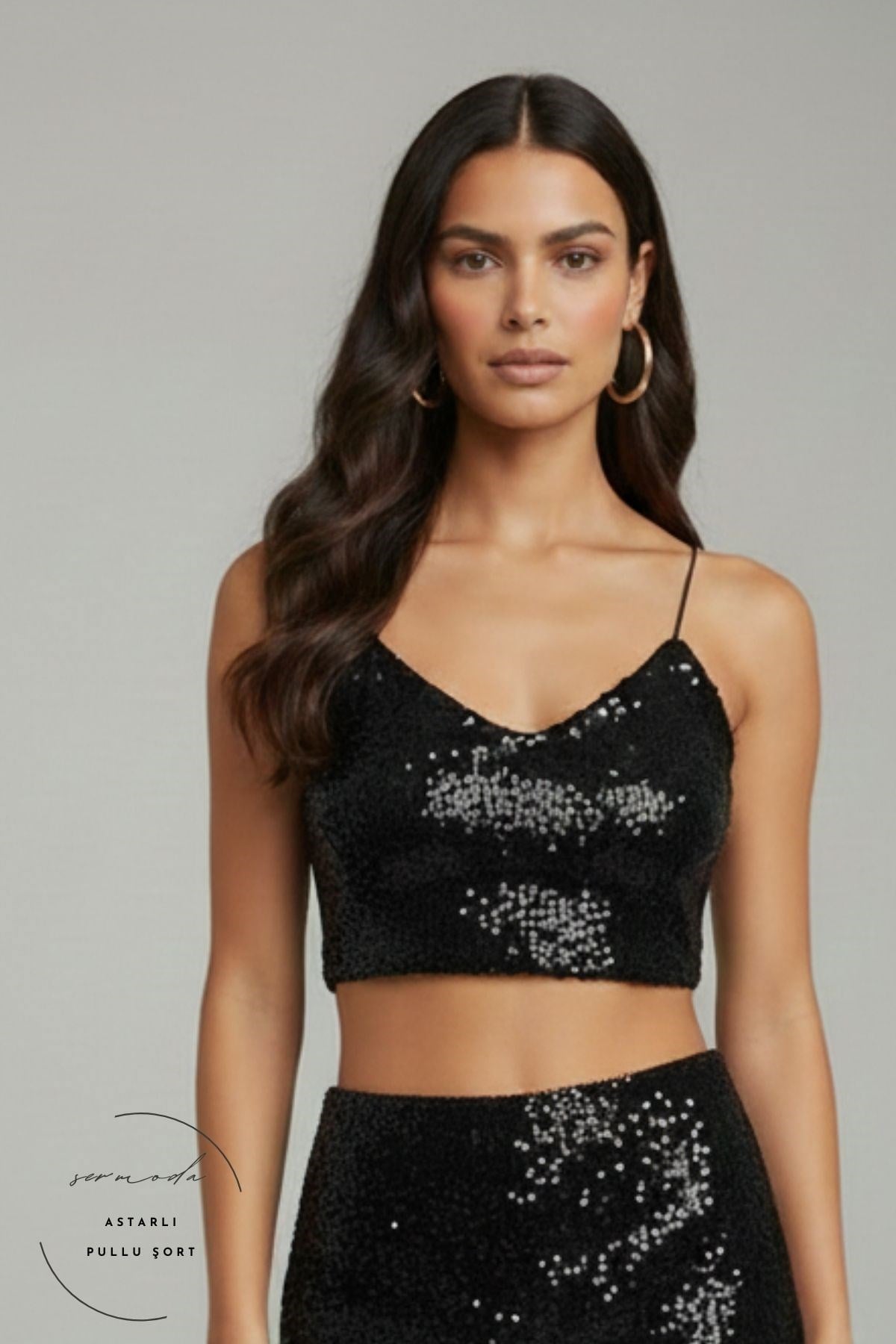 SERMODA , Bluz & Tunik , Pullu Bluz - Pul Payetli Lastik Askılı Crop Bluz Siyah