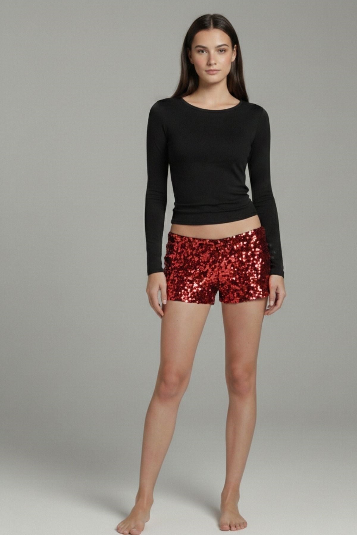 SERMODA , Şort & Bermuda , Pullu Şort - Pul Payetli Gizli Fermuar Kapamalı Mini Kadın Şort Kırmızı