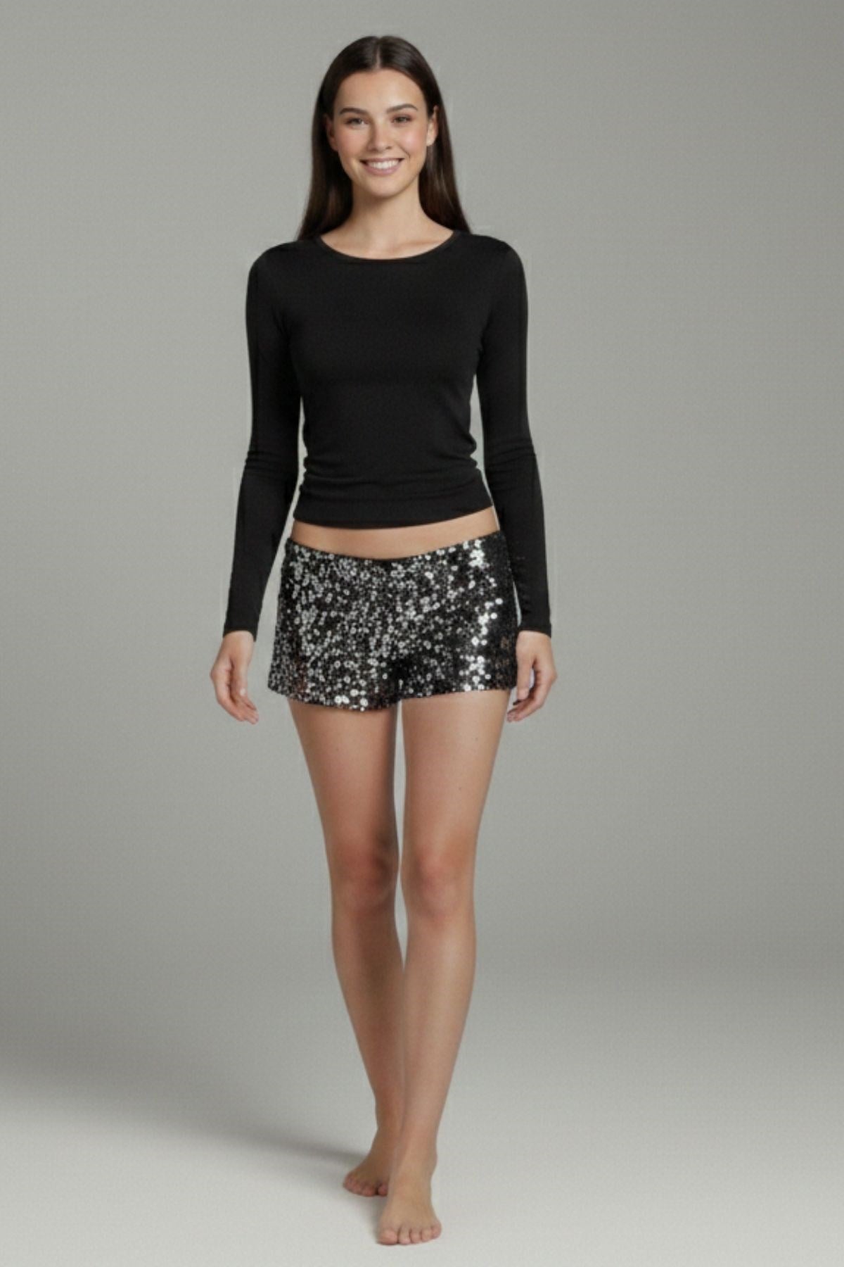 SERMODA , Şort & Bermuda , Pullu Şort - Pul Payetli Gizli Fermuar Kapamalı Mini Kadın Şort Siyah Gümüş