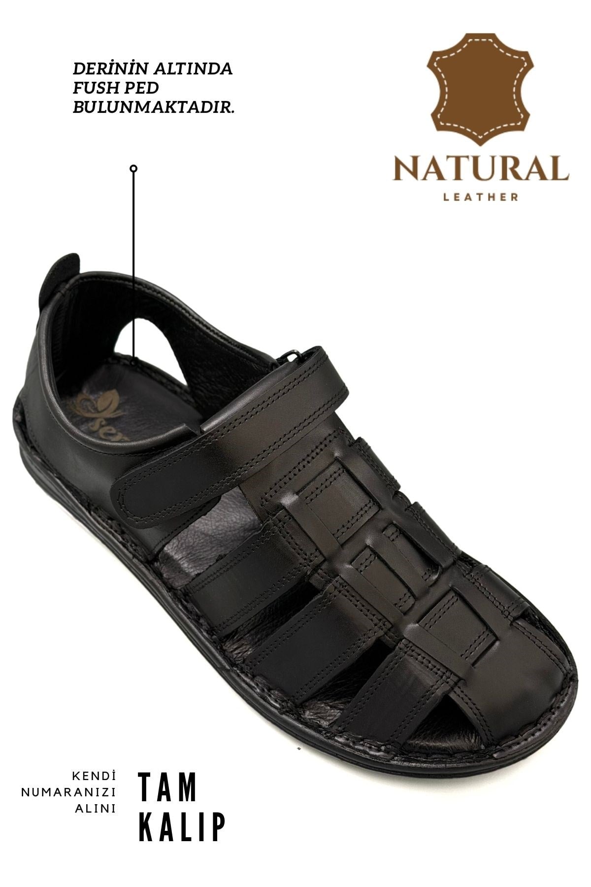 SERMODA , Sandalet , Sermoda %100 Hakiki Deri Burnu Kapalı Erkek Sandalet Siyah