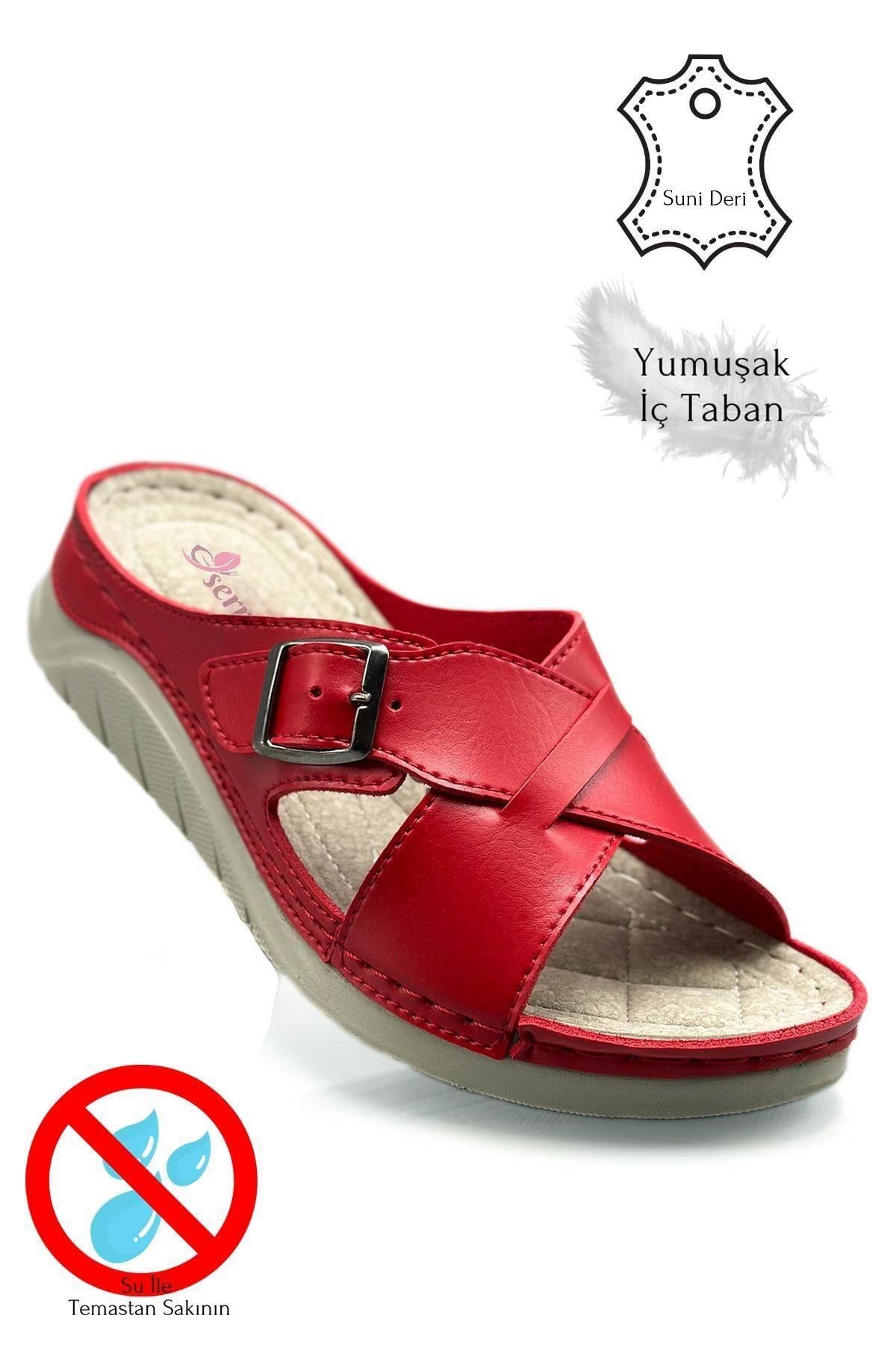 SERMODA , Terlik , Sermoda Çapraz Bant Tokalı Yumuşak ve Hafif Kalın Tabanlı Kadın Terlik Spor Terlik 521/3 Kırmızı