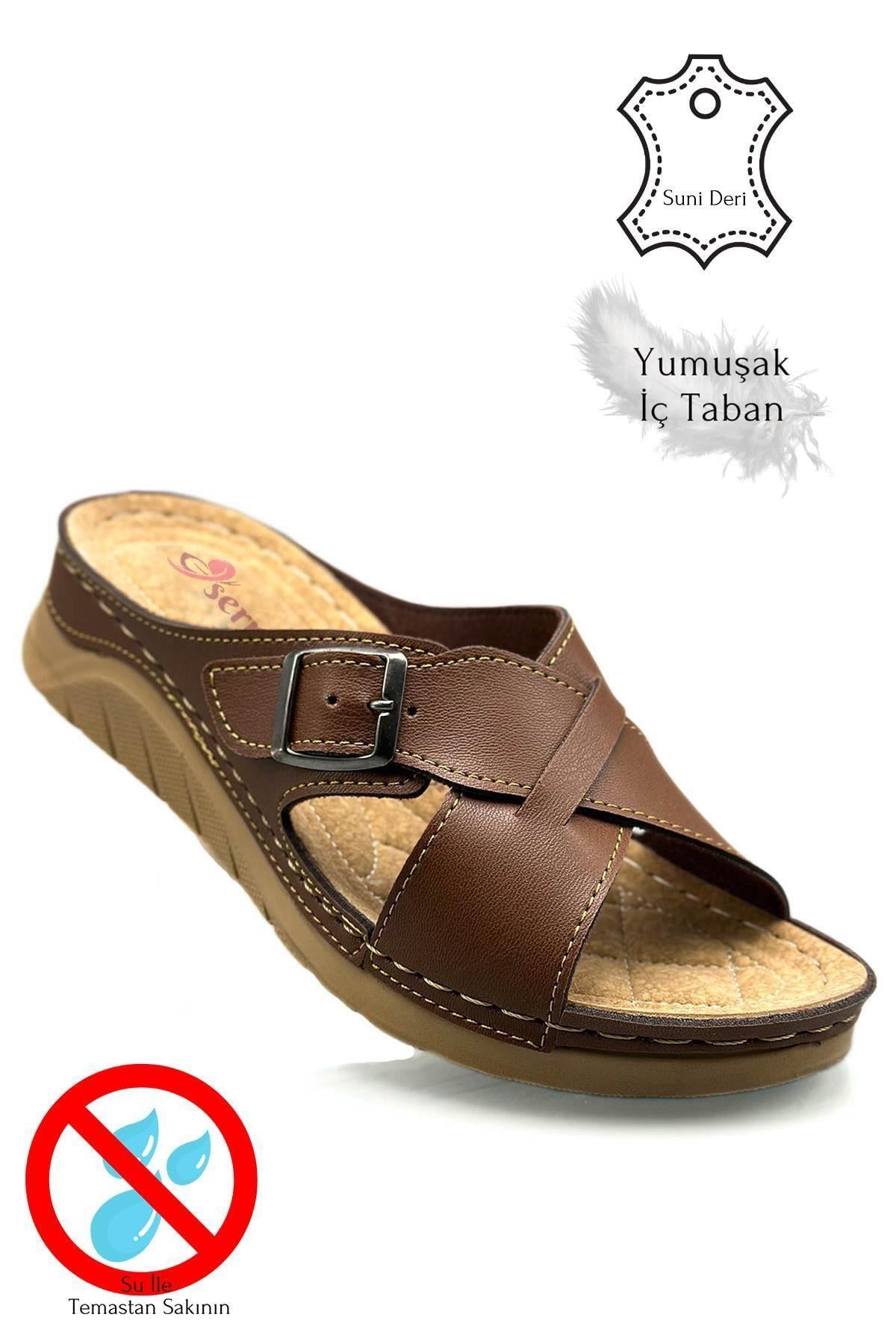 SERMODA , Terlik , Sermoda Çapraz Bant Tokalı Yumuşak ve Hafif Kalın Tabanlı Kadın Terlik Spor Terlik 521/3 Taba