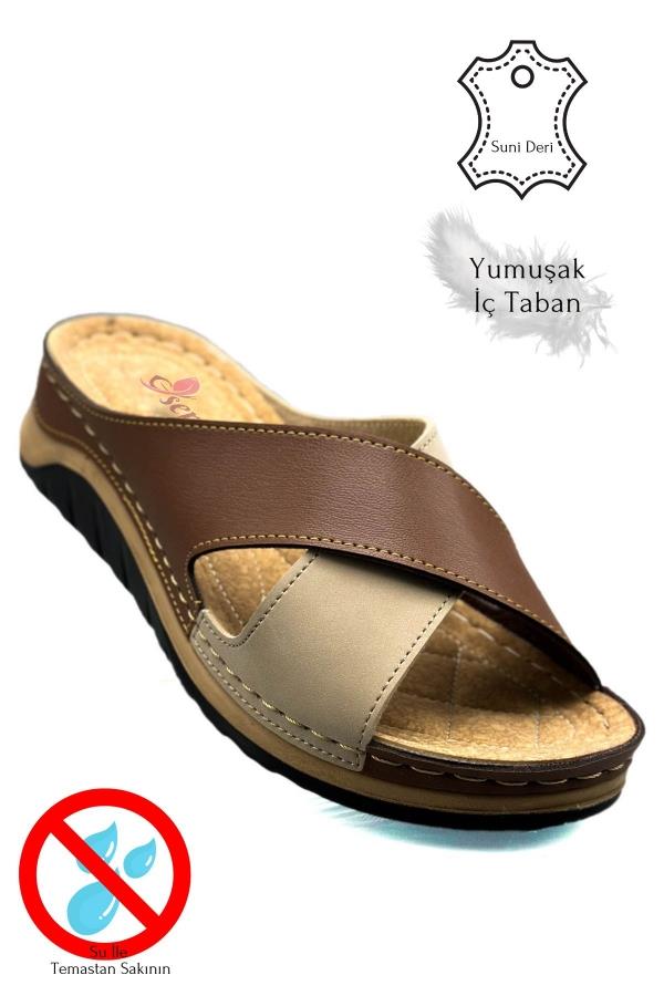 SERMODA , Terlik , Sermoda Çapraz Bant Yumuşak ve Hafif Kalın Tabanlı Kadın Terlik Spor Terlik 521/2 Taba Vizon