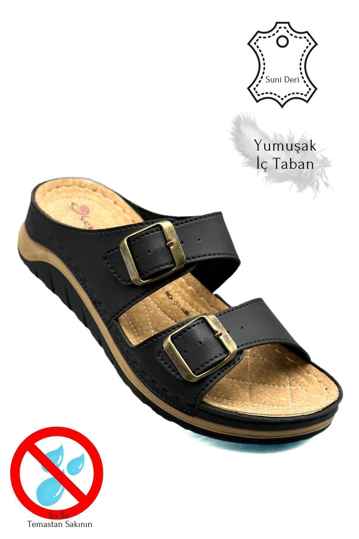 SERMODA , Terlik , Sermoda Çift Bant Tokalı Yumuşak ve Hafif Kalın Tabanlı Kadın Terlik Spor Terlik 521/1 Siyah