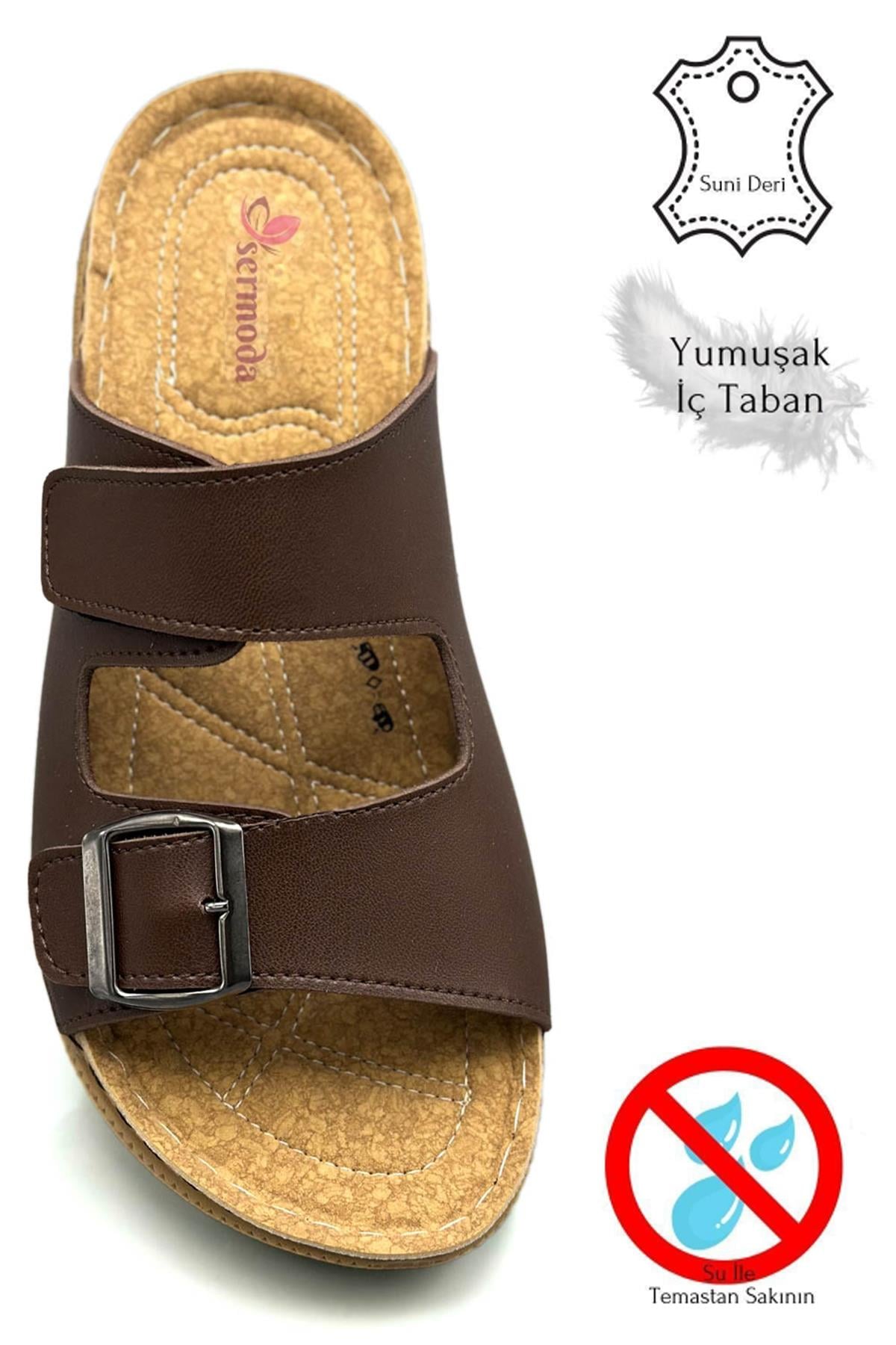 SERMODA , Terlik , Sermoda Cırtlı ve Tokalı Çift Bant Hafif Tabanlı Suni Deri Erkek Terlik Kahve