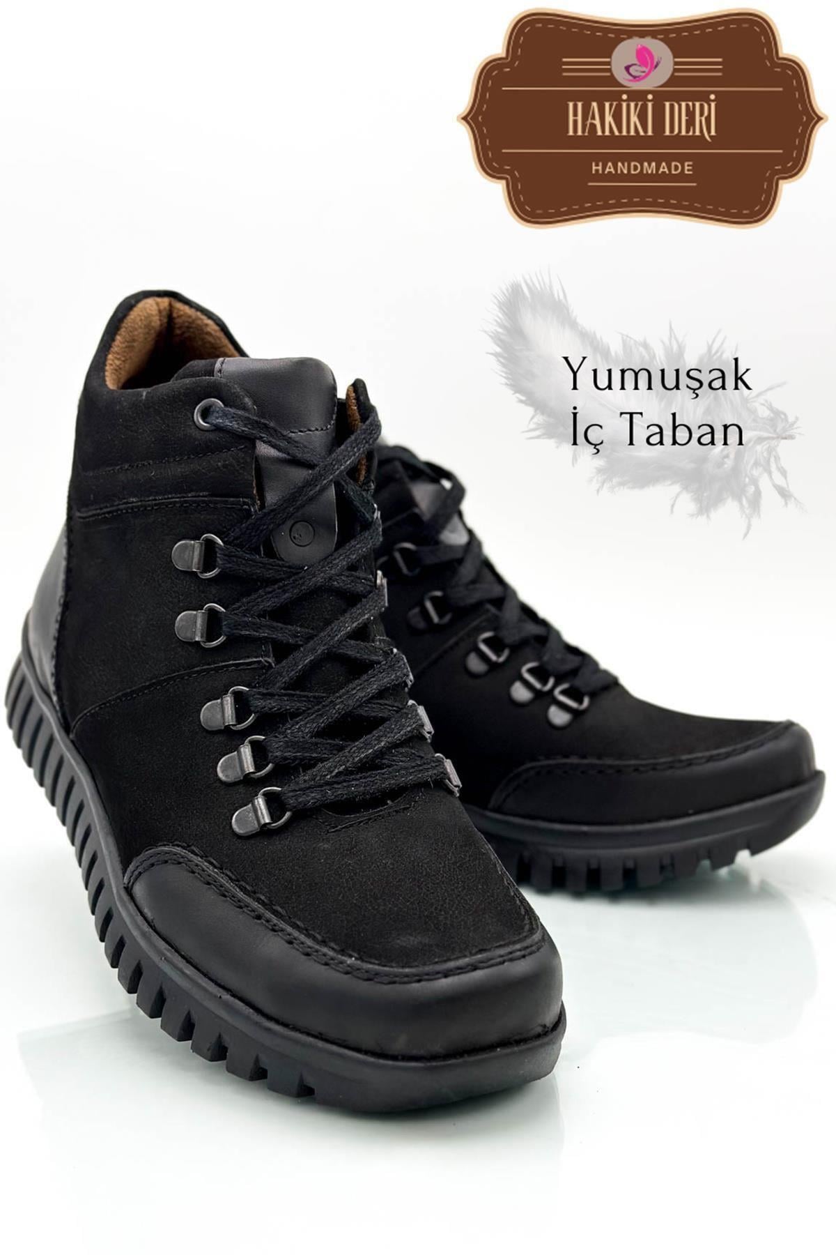 SERMODA , Bot & Çizme , Sermoda Hakiki Deri İç Taban Pedli Kaymaz Şeffaf Taban Bağlı Deri Erkek Bot Siyah Nubuk