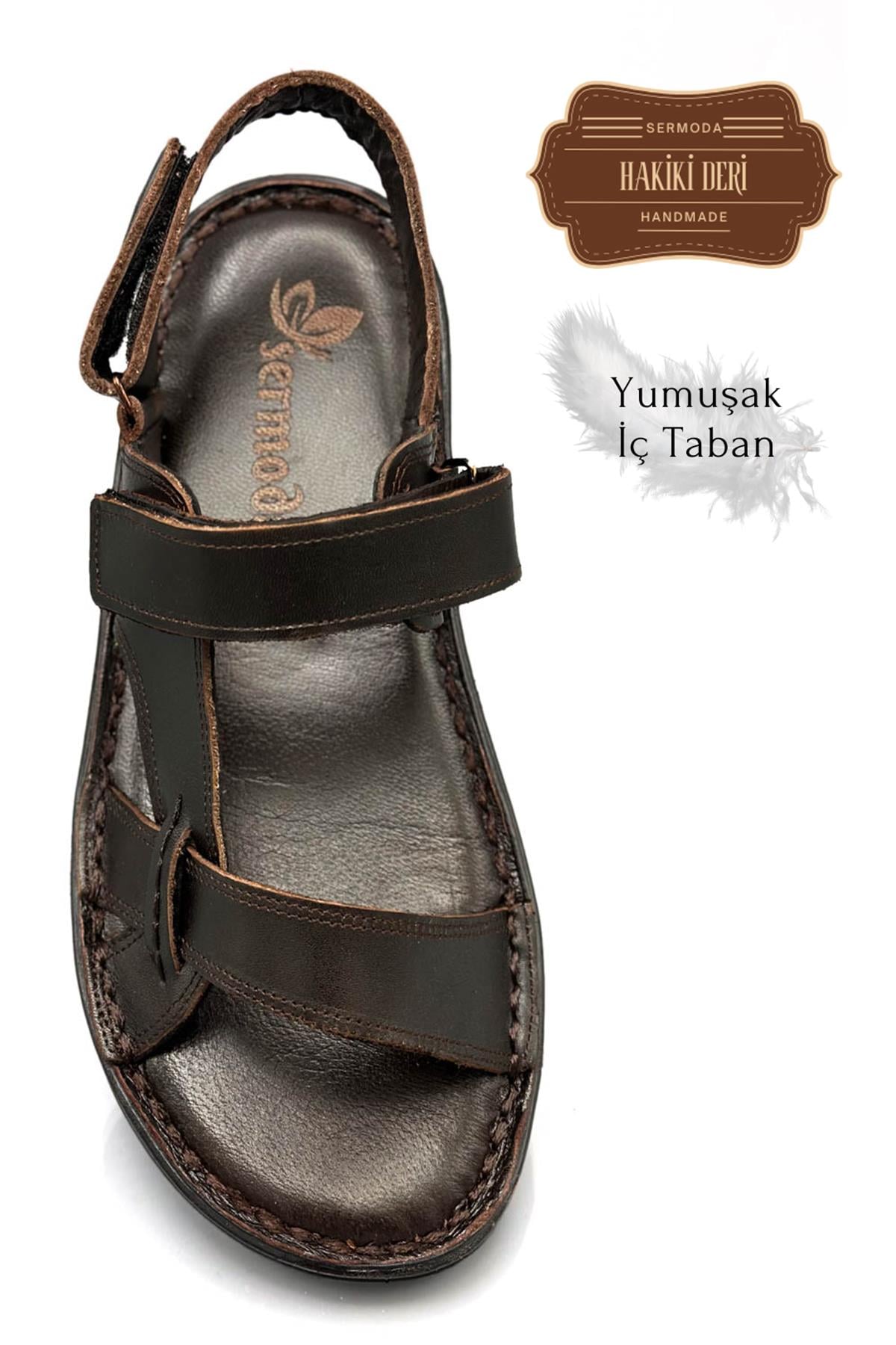 SERMODA , Terlik , Sermoda Hakiki Gerçek Deri Cırtlı Erkek Sandalet Kahve