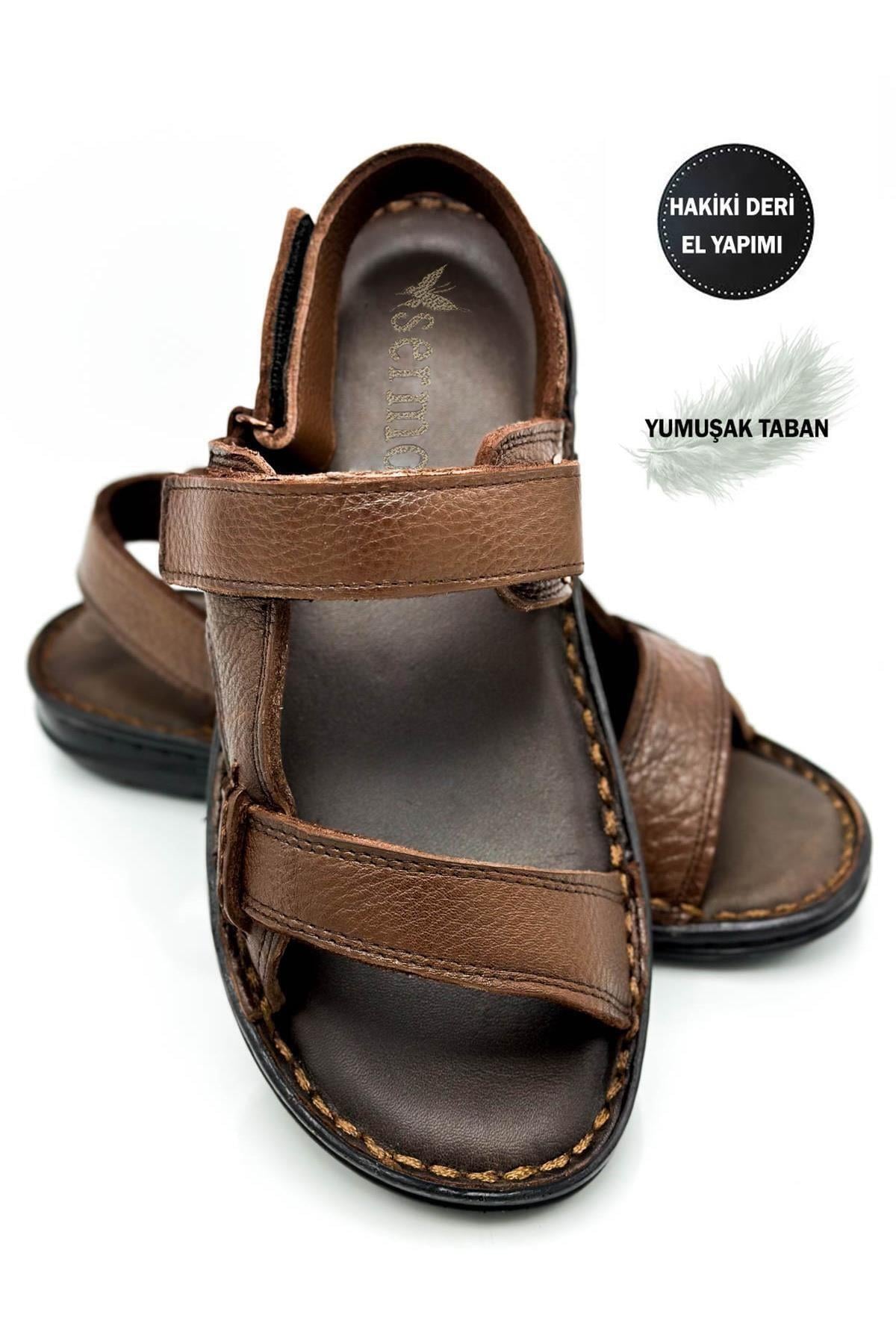 SERMODA , Terlik , Sermoda Hakiki Gerçek Deri Cırtlı Erkek Sandalet Şırıngıl Kahve