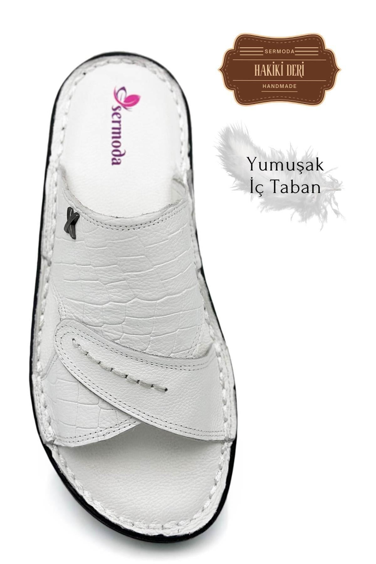 SERMODA , Terlik , Sermoda Hakiki Gerçek Deri Erkek Terlik Hafif Terlik Deri 3D Beyaz