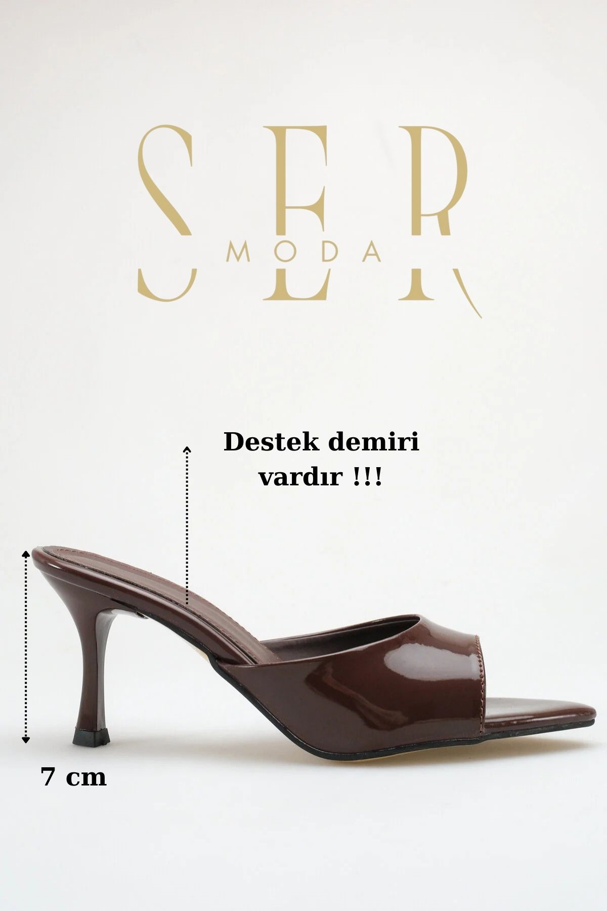 SERMODA , Terlik , Topuklu Kadın Terlik - 7 cm İnce Topuklu Sivri Burun Kadın Terlik Rugan Kahve