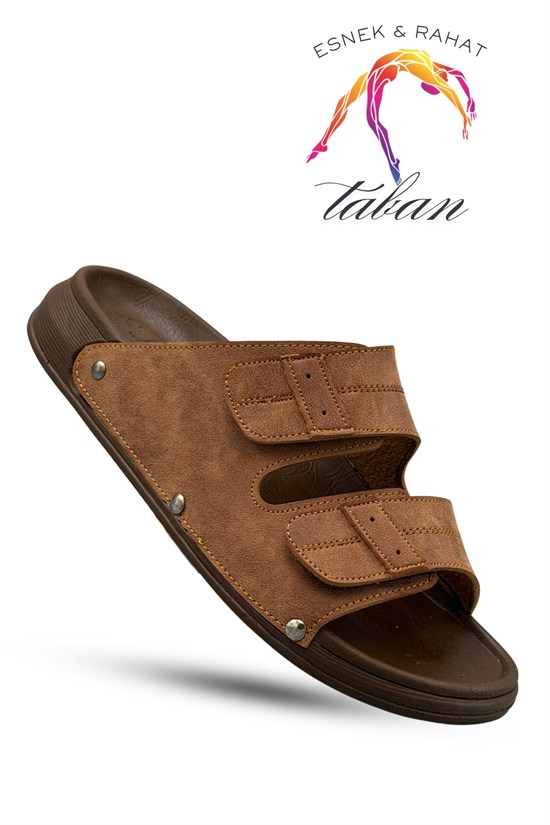 Sermoda Erkek Terlik - Çift Cırtlı Ayarlanabilir Esnek Taban Deri Erkek Terlik C Taba C Taba - 40