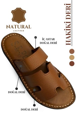 SERMODA , Terlik , Hakiki Deri Erkek Terlik - Yumuşak Kalın Tabanlı Hakiki Cırtlı Deri Erkek Terlik Taba