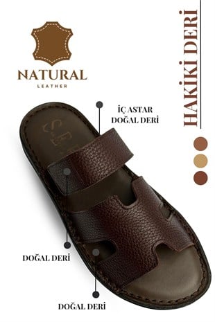 SERMODA , Terlik , Hakiki Deri Erkek Terlik - Yumuşak Kalın Tabanlı Hakiki Cırtlı Deri Erkek Terlik Şırıngıl Kahve