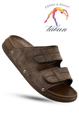 SERMODA , Terlik , Sermoda Erkek Terlik - Çift Cırtlı Ayarlanabilir Esnek Taban Deri Erkek Terlik C Kahve