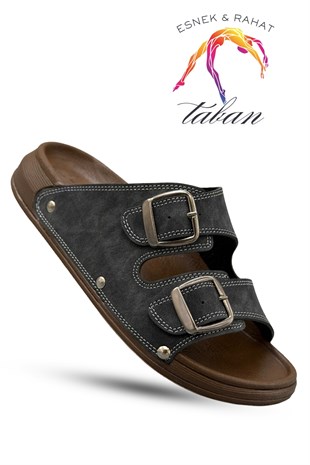 SERMODA , Terlik , Sermoda Erkek Terlik - Çift Toka Ayarlanabilir Esnek Taban Deri Erkek Terlik T Füme