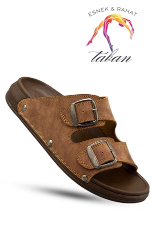 SERMODA , Terlik , Sermoda Erkek Terlik - Çift Toka Ayarlanabilir Esnek Taban Deri Erkek Terlik T Taba