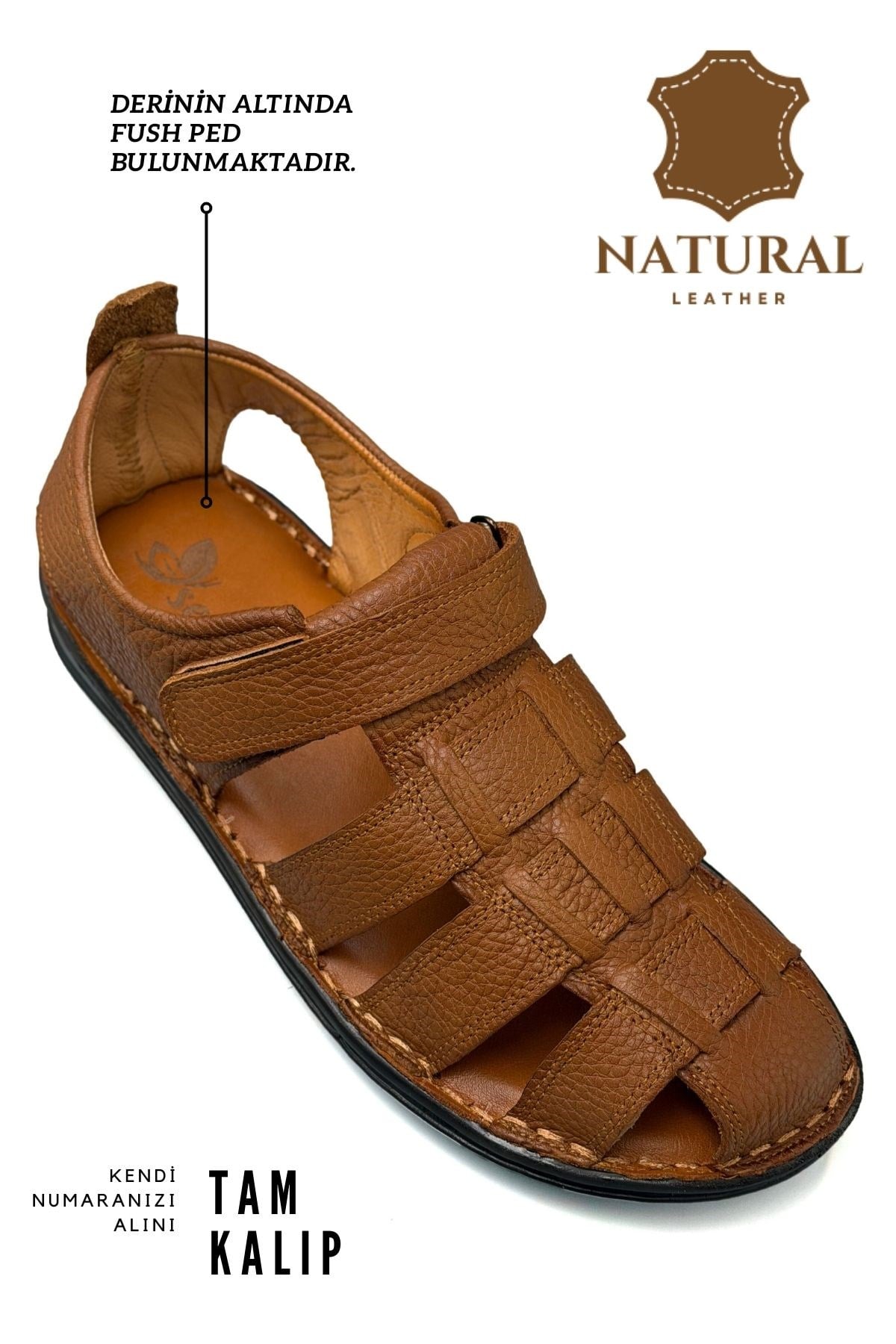 SERMODA , Sandalet , %100 Hakiki Deri Burnu Kapalı Erkek Sandalet Şırıngıl Taba