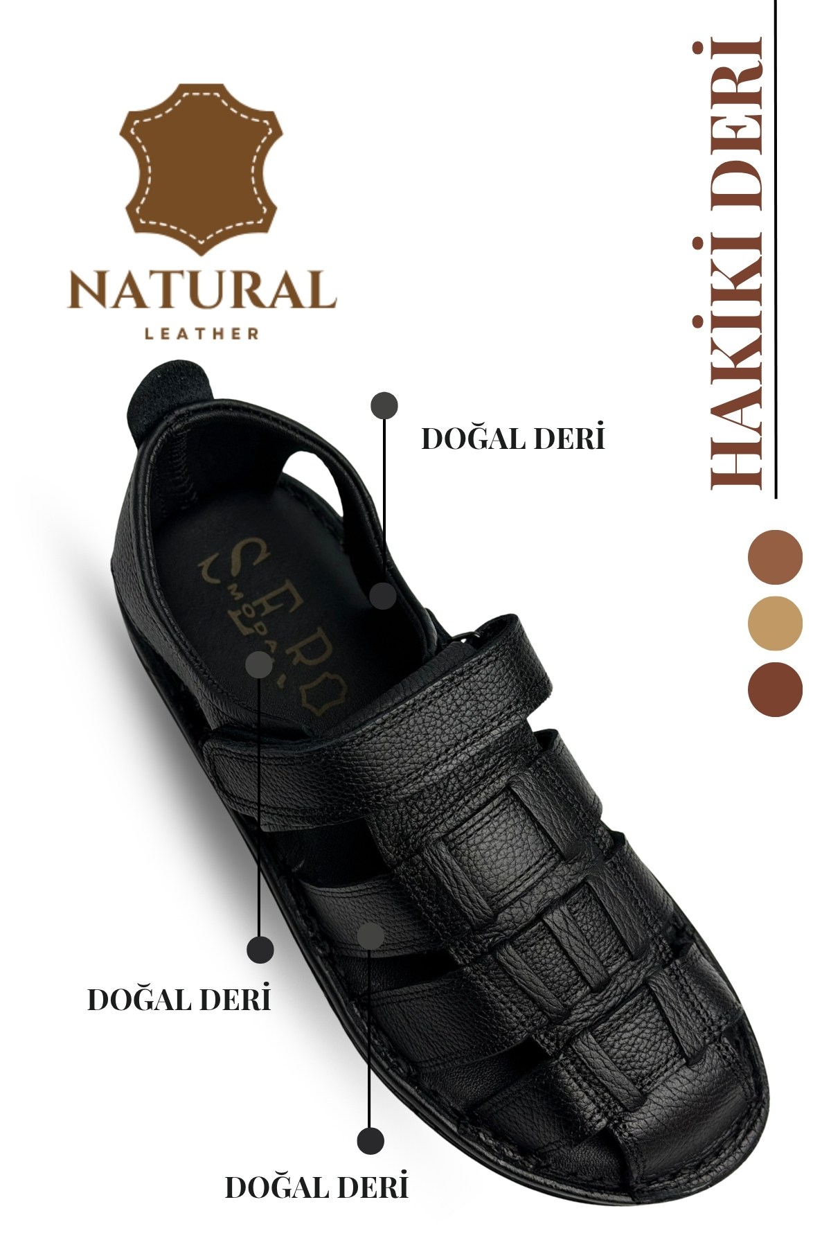 SERMODA , Sandals , %100 Hakikiki Deri Burun Kapalı Erkek Sandalet Şırıngıl Siyah