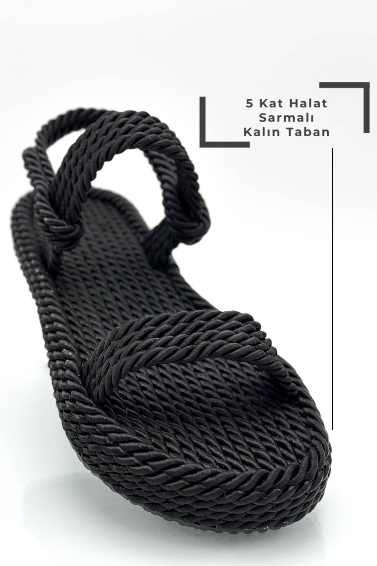 SERMODA , Sandalet , Beş Kat Sarmalı Halatlı Kadın Sandalet Yazlık Sandalet Siyah