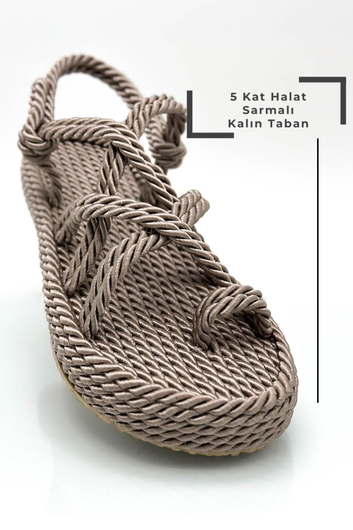 SERMODA , Sandalet , Beş Kat Sarmalı Halatlı Kadın Sandalet Yazlık Sandalet X Platin