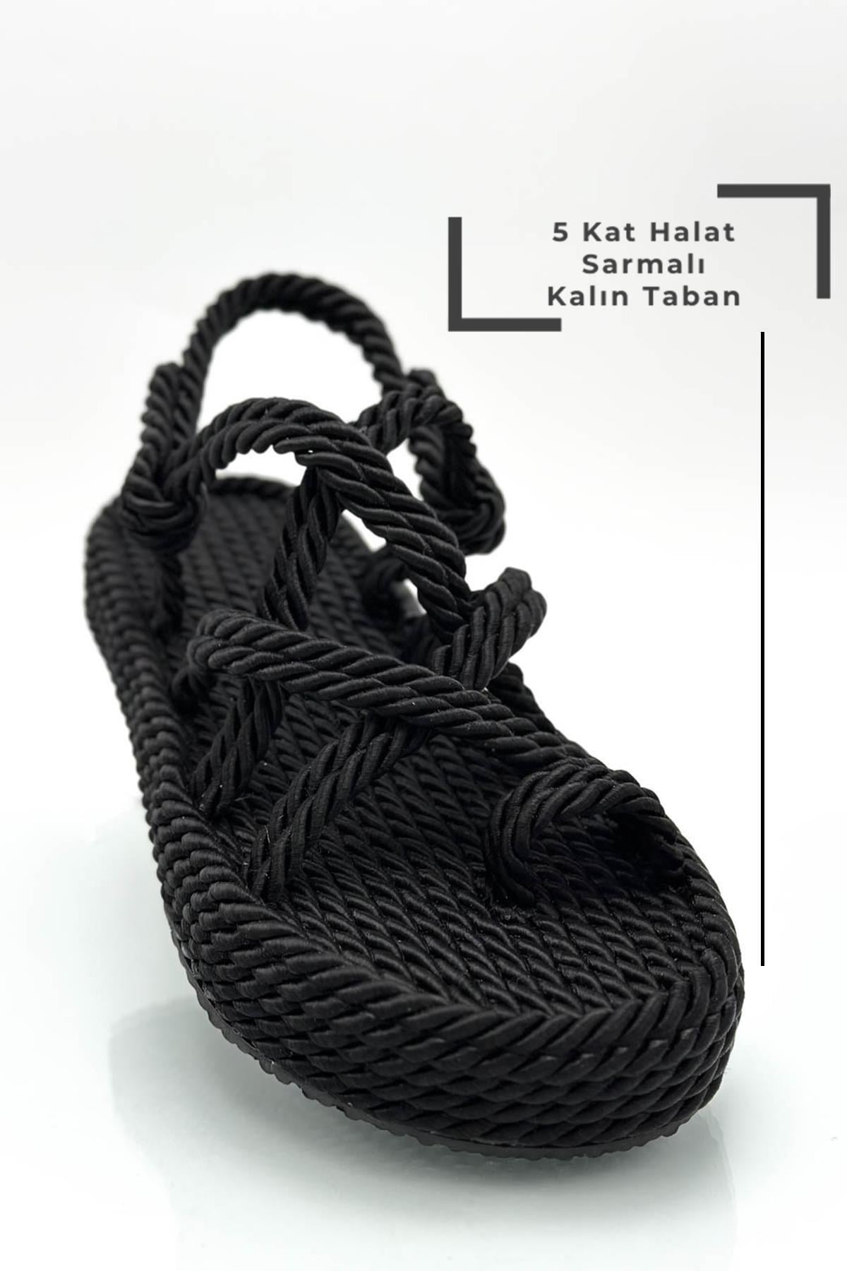 SERMODA , Sandalet , Beş Kat Sarmalı Halatlı Kadın Sandalet Yazlık Sandalet X Siyah