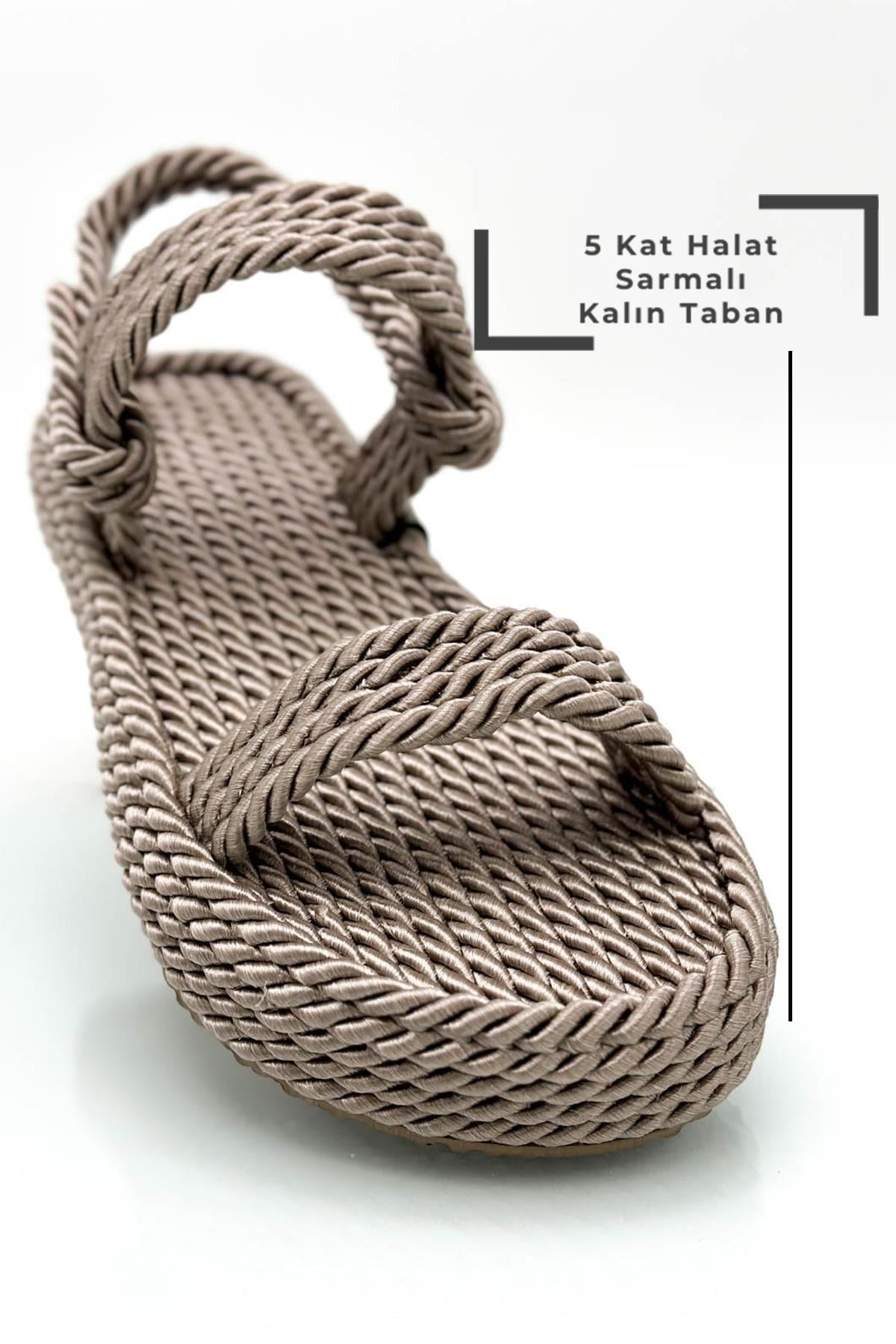 SERMODA , Sandalet , Beş Kat Sarmalı Halatlı Kadın Sandalet Yazlık Sandalet Platin
