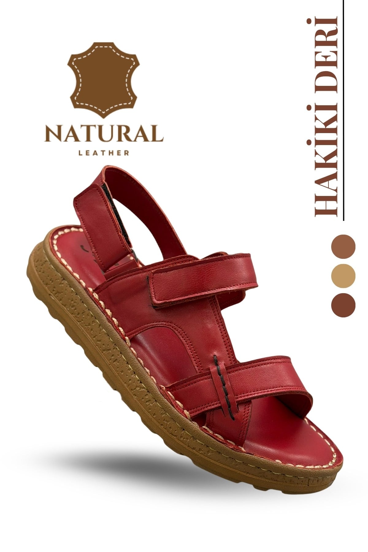 SERMODA , Sandals , Hakiki Deri Erkek Sandalet - Yumuşak Kalın Tabanlı Hakiki Deri Erkek Sandalet Kırmızı