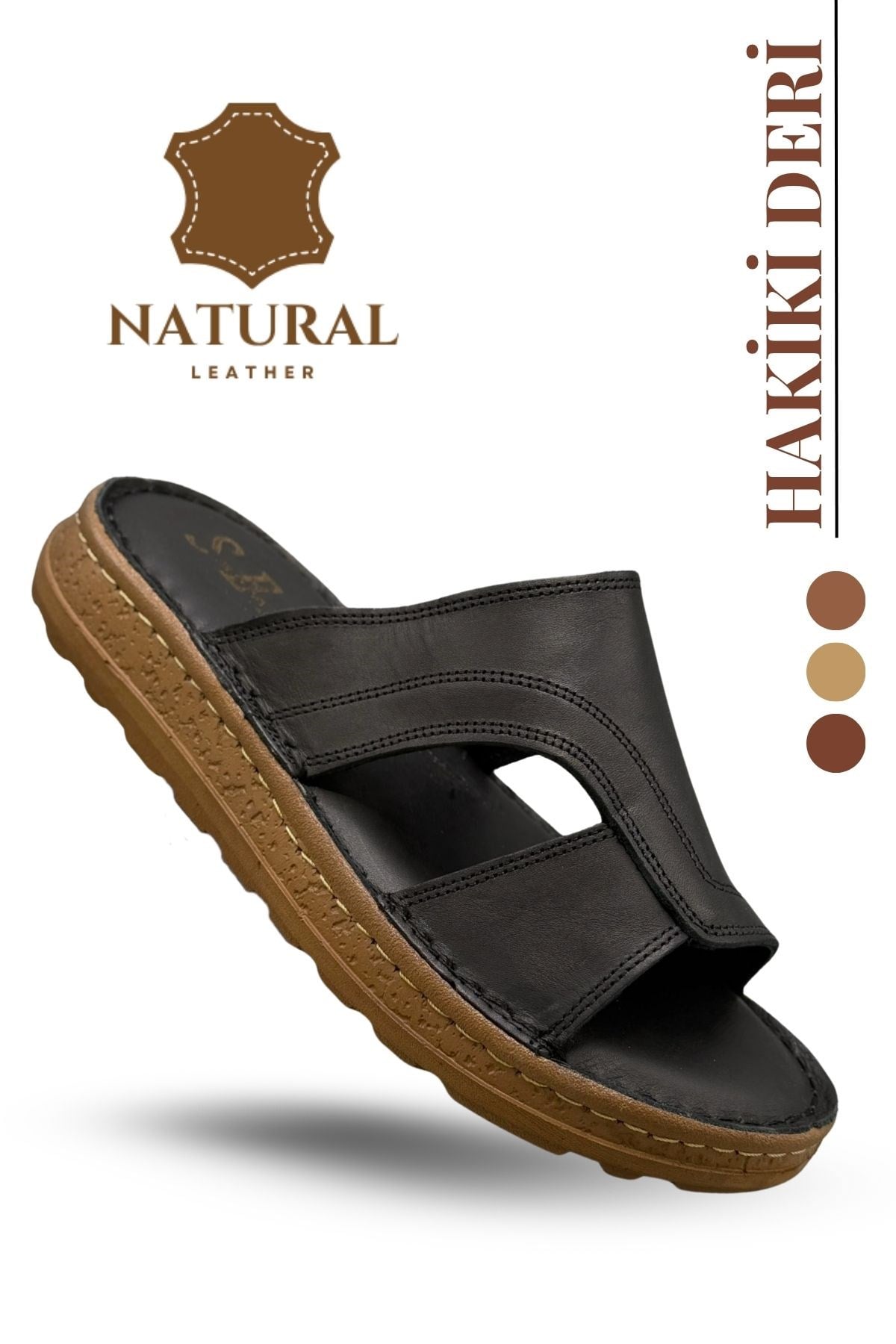 SERMODA , Slippers , Hakiki Deri Erkek Terlik - Yumuşak Kalın Taban Tabanlı Hakiki Deri Erkek Terlik A Siyah