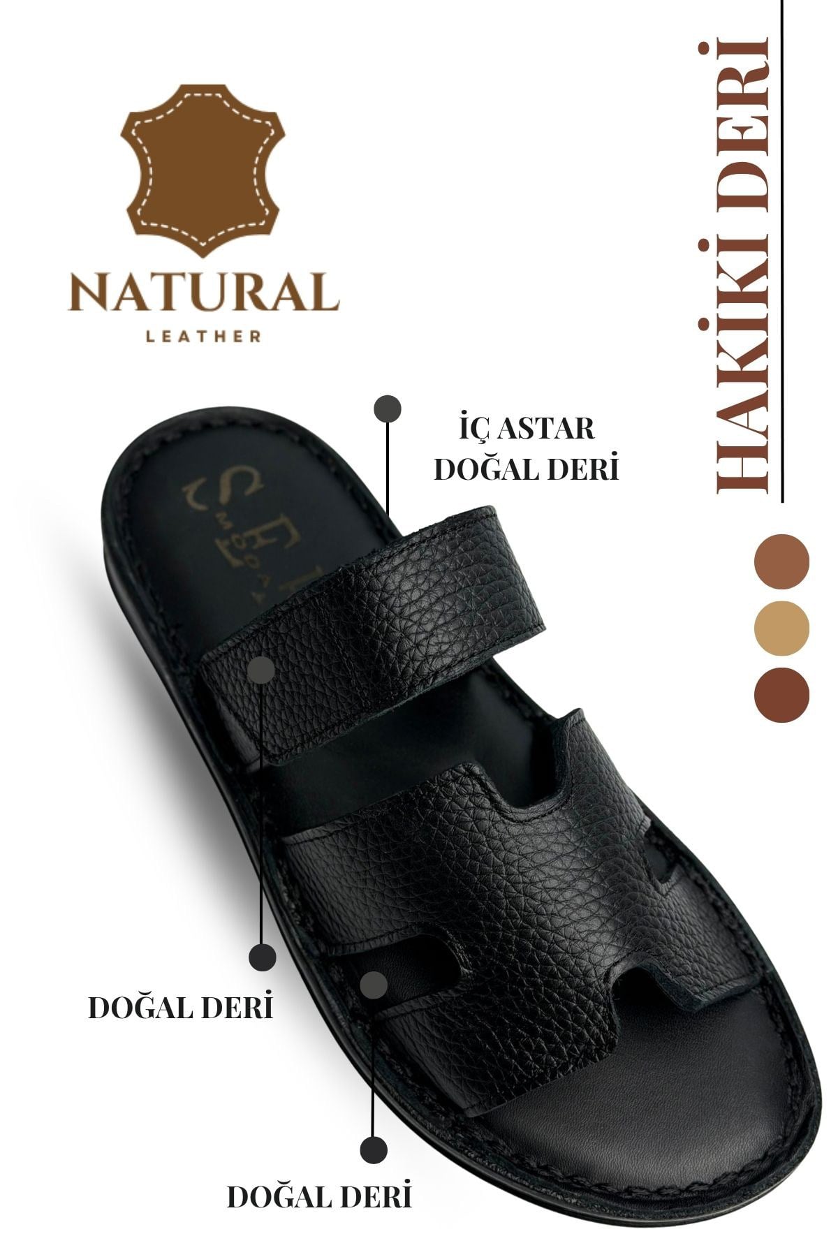 SERMODA , Slippers , Hakiki Deri Erkek Terlik - Yumuşak Kalın Tabanlı Hakiki Cırtlı Deri Erkek Terlik Şırıngıl Siyah