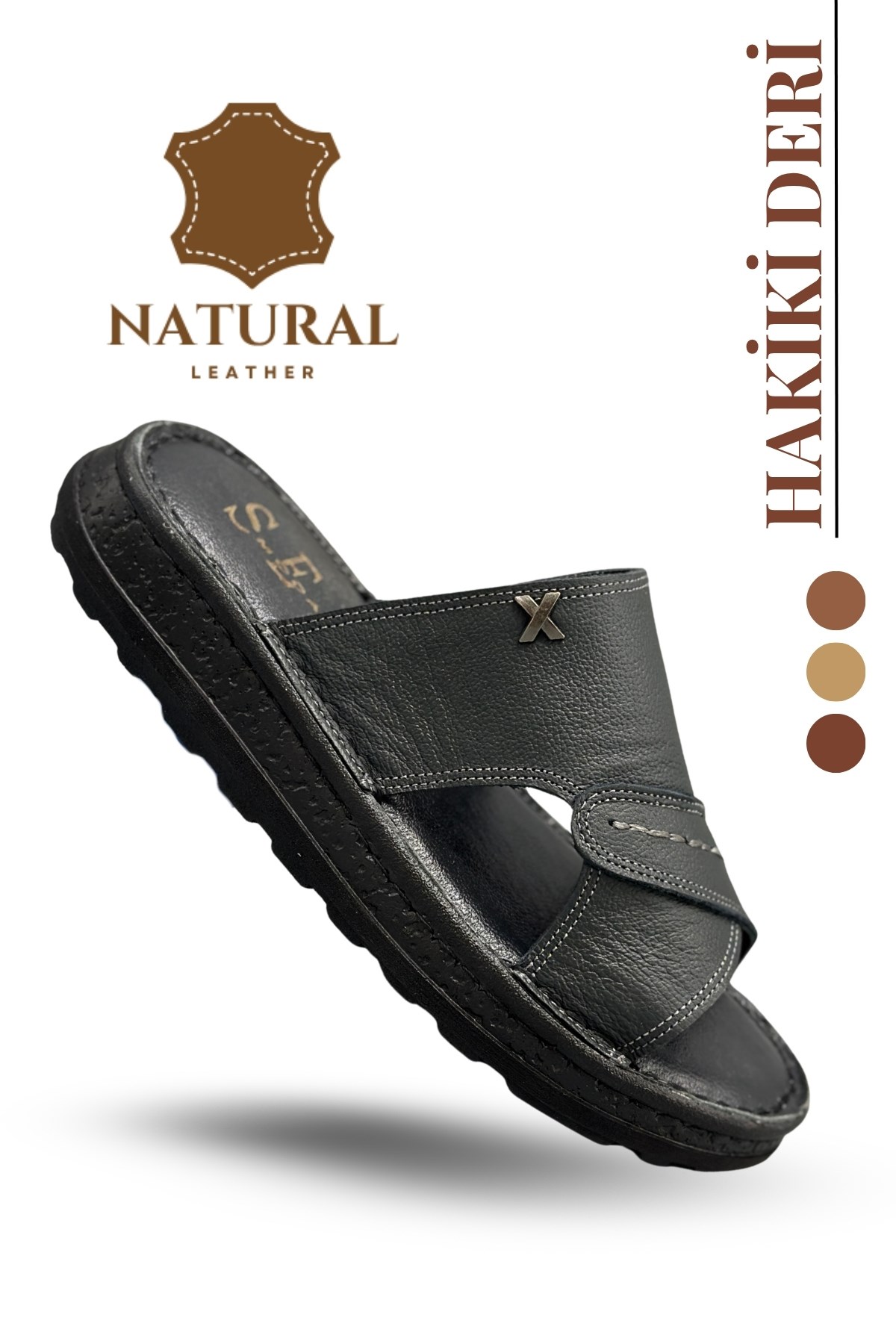 SERMODA , Slippers , Hakiki Deri Erkek Terlik - Yumuşak Kalın Taban Tabanlı Hakiki Deri Erkek Terlik Şırıngıl Füme