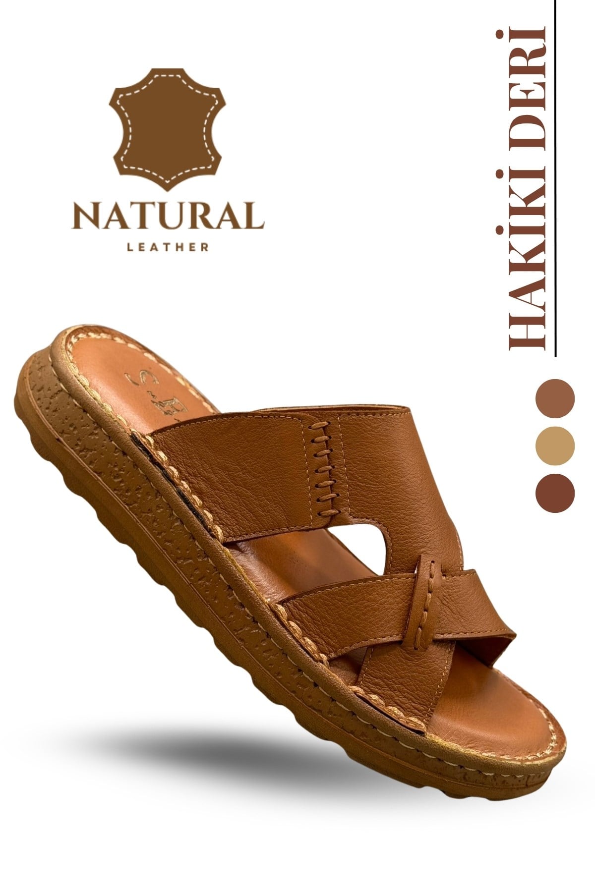 SERMODA , Slippers , Hakiki Deri Erkek Terlik - Yumuşak Kalın Taban Tabanlı Hakiki Deri Erkek Terlik G Taba