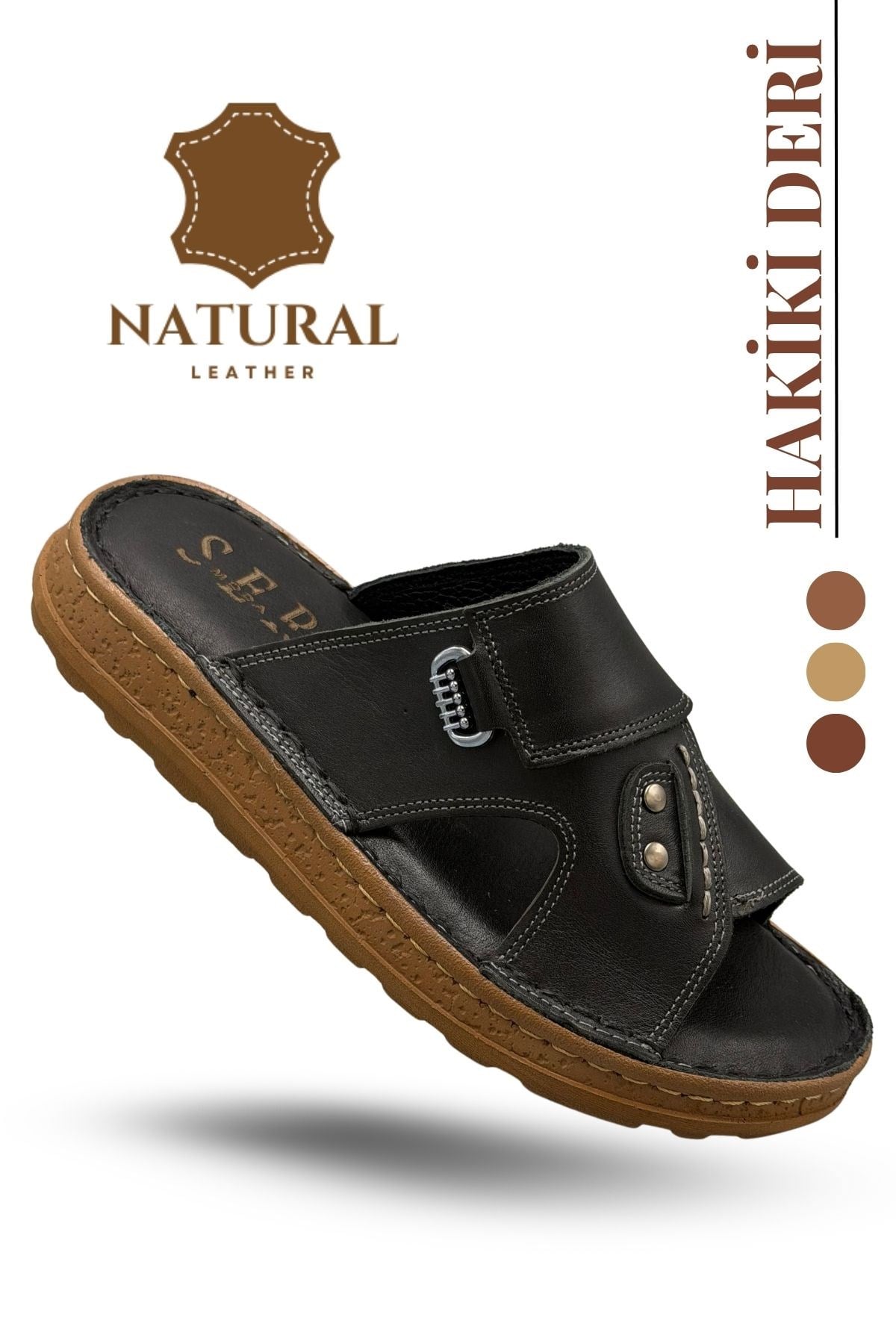 SERMODA , Slippers , Hakiki Deri Erkek Terlik - Yumuşak Kalın Taban Tabanlı Hakiki Deri Erkek Terlik YT Siyah