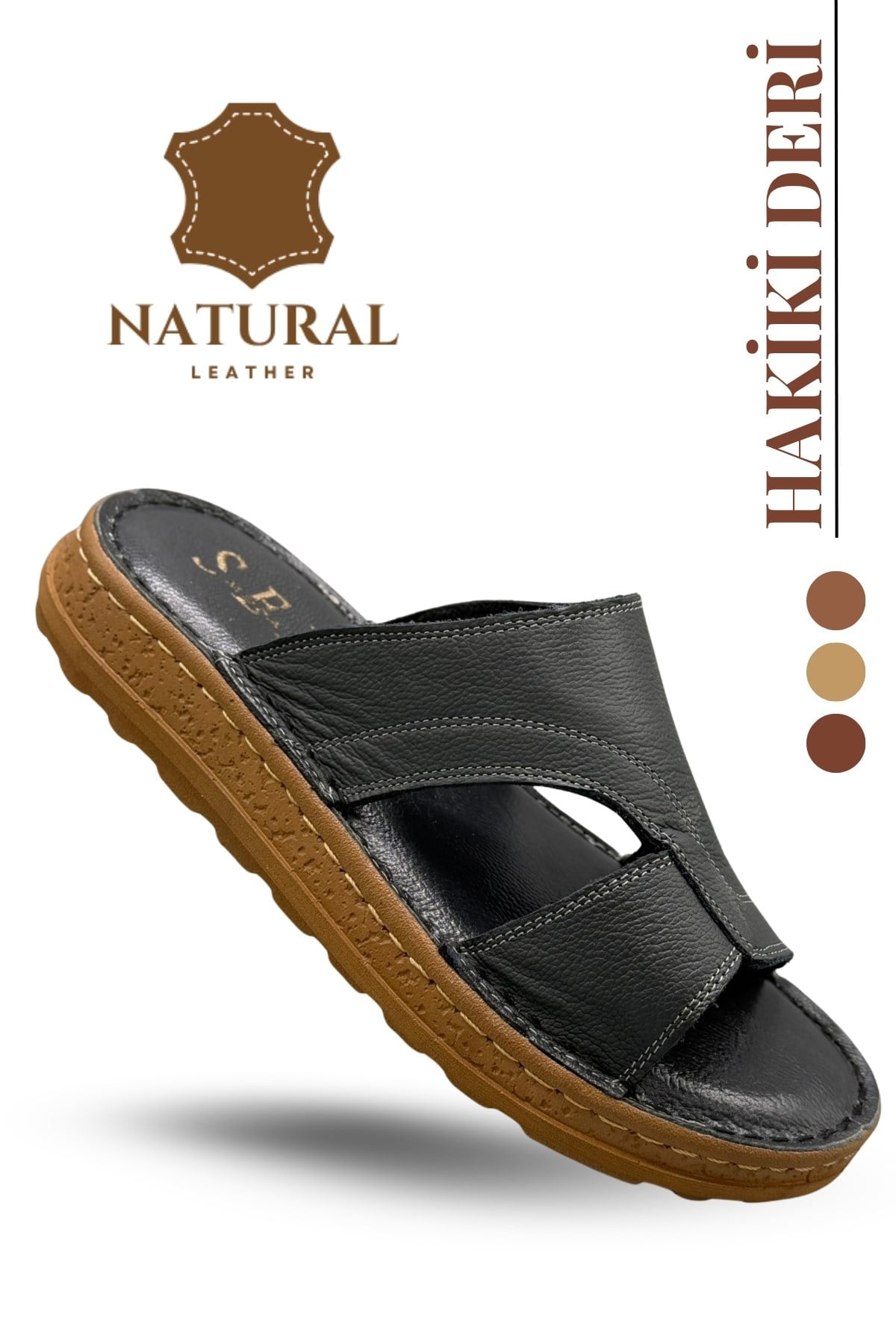 SERMODA , Slippers , Hakiki Deri Erkek Terlik - Yumuşak Kalın Taban Tabanlı Hakiki Deri Erkek Terlik A Şır Füme