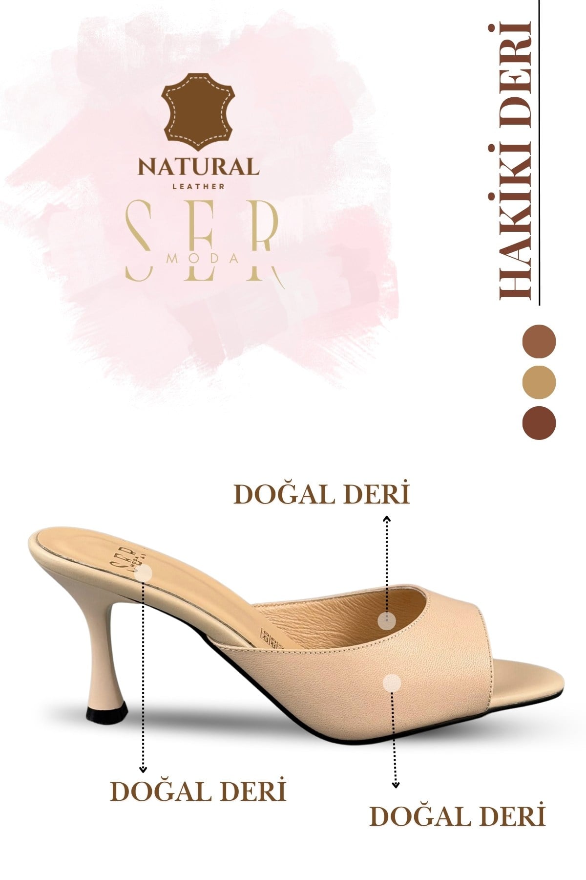 SERMODA , Terlik , Hakiki Deri Kadın Terlik - 7 cm Topuklu Hakiki Deri Kadın Topuklu Terlik Nut