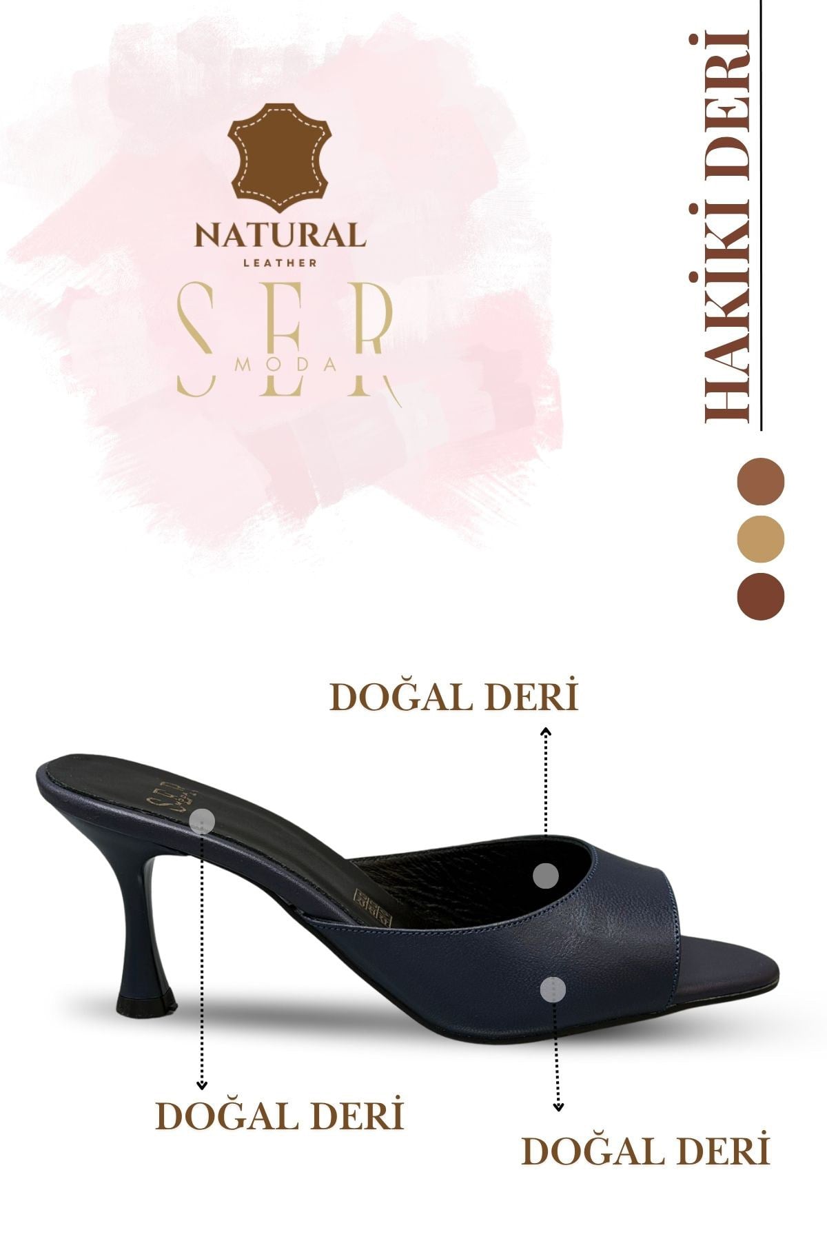 SERMODA , Terlik , Hakiki Deri Kadın Terlik - 7 cm Topuklu Hakiki Deri Kadın Topuklu Terlik Lacivert