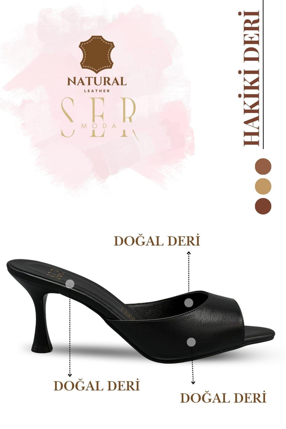 SERMODA , Terlik , Hakiki Deri Kadın Terlik - 7 cm Topuklu Hakiki Deri Kadın Topuklu Terlik Siyah
