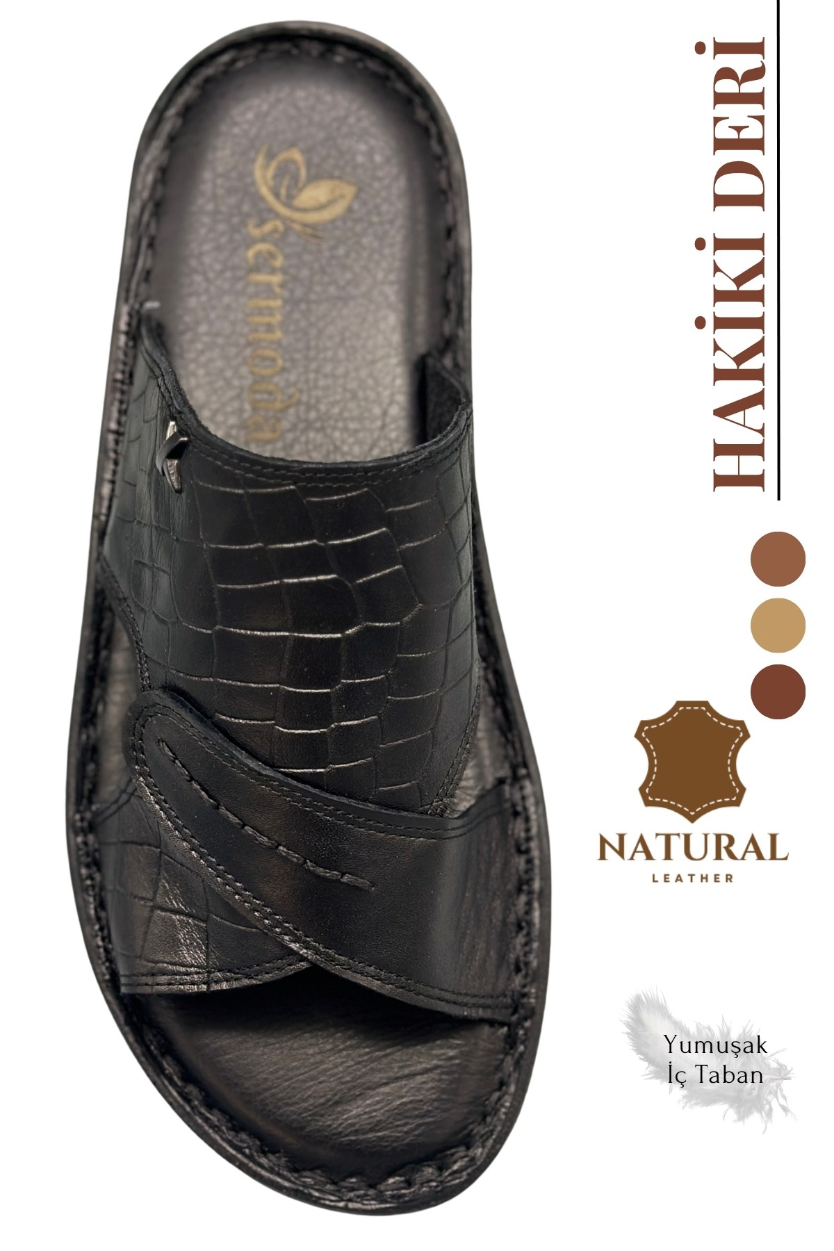SERMODA , Slippers , Men's Genuine Leather Slippers with Lightweight Sole – Handmade Real Leather Comfort Slides 3D Black