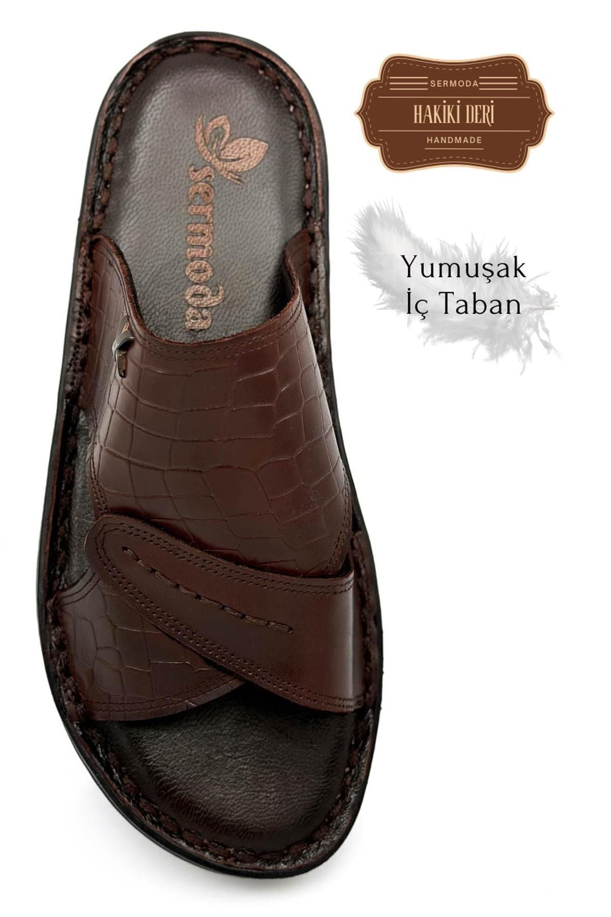 SERMODA , Slippers , Hakiki Gerçek Deri Erkek Terlik Hafif Terlik Deri 3D Kahve