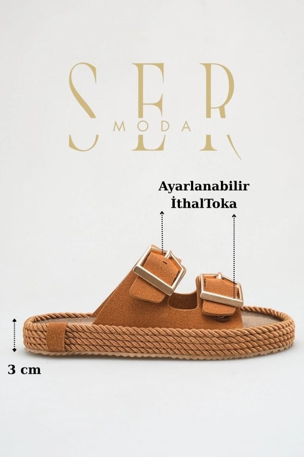 SERMODA , Terlik , Halat Kadın Terlik - 3 cm Anatomik Rahat Tabanlı Ortopedik Kadın Terlik Süet Taba