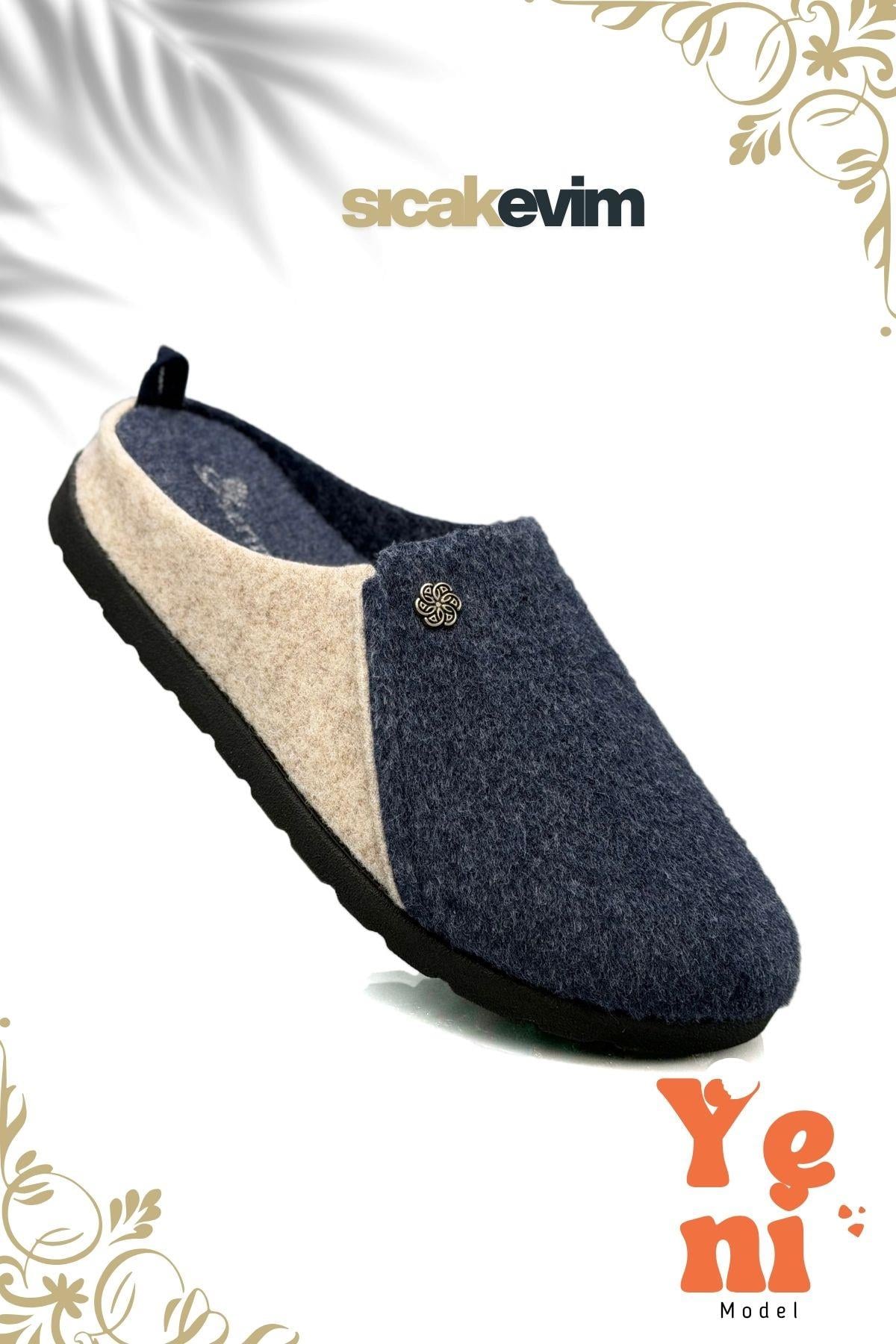 SERMODA , Ev Terliği , Kadın Ev Terliği  – Poli Taban Hafif Tabanlı Sıcak Tutan Ev Terliği Lacivert Bej