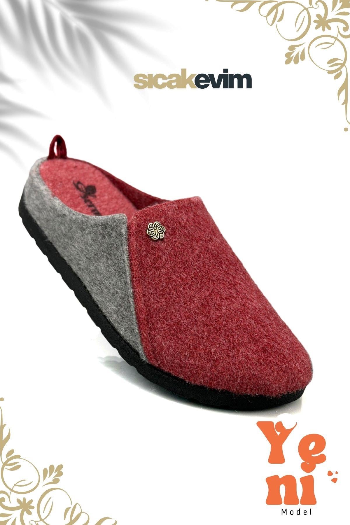 SERMODA , Ev Terliği , Kadın Ev Terliği  – Poli Taban Hafif Tabanlı Sıcak Tutan Ev Terliği Kırmızı Gri