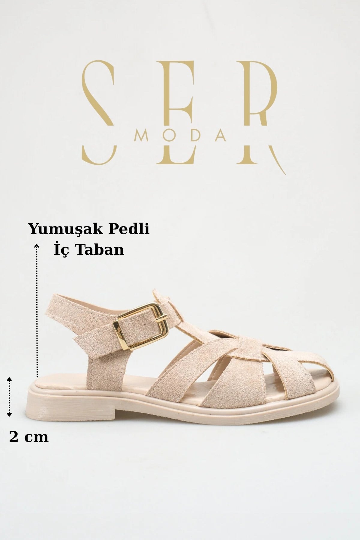 SERMODA , Sandalet , Kadın Kapalı Sandalet - Kapalı Burun Tokalı Düz Taban Kadın Sandalet Süet Ten
